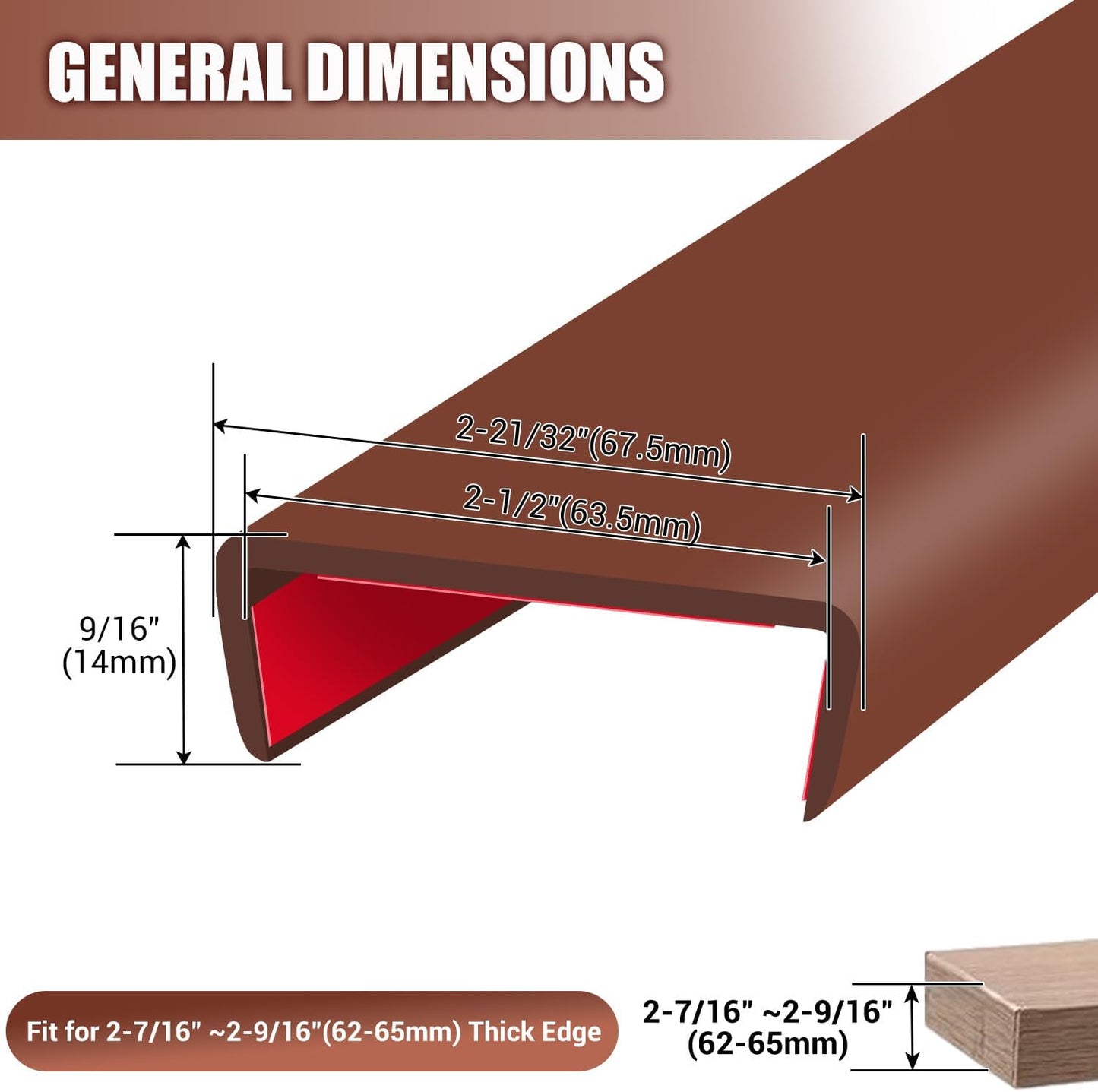 Rubber Edge Trim, Flexible Self Adhesive U Shaped Peel and Stick Edge Banding, 2-1/2"(63.5mm) U Channel Edge Protector, Edge Guards for Woods, Furnitures, 20Ft, Brown Color