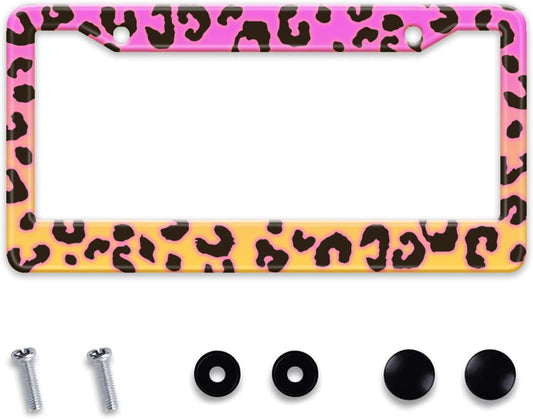 Gradient Color Leopard Print License Plate Frame Cheetah Print Tags Frames Holder Covers Metal Aluminum Rustproof Cute Car Accessories for Us Canada Standard Women Men 2 Holes with Screw Caps