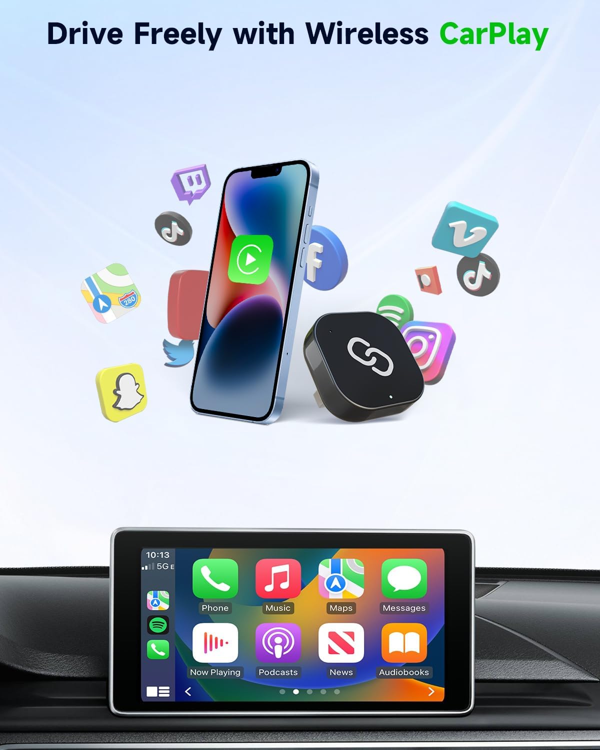 Spedal Wireless CarPlay Adapter for Factory Wired CarPlay – Plug & Play, Auto Reconnect, Mini Metal Design with USB-A & USB-C Cables – Compatible with iPhone 6+ and Cars from 2016 (Gray)