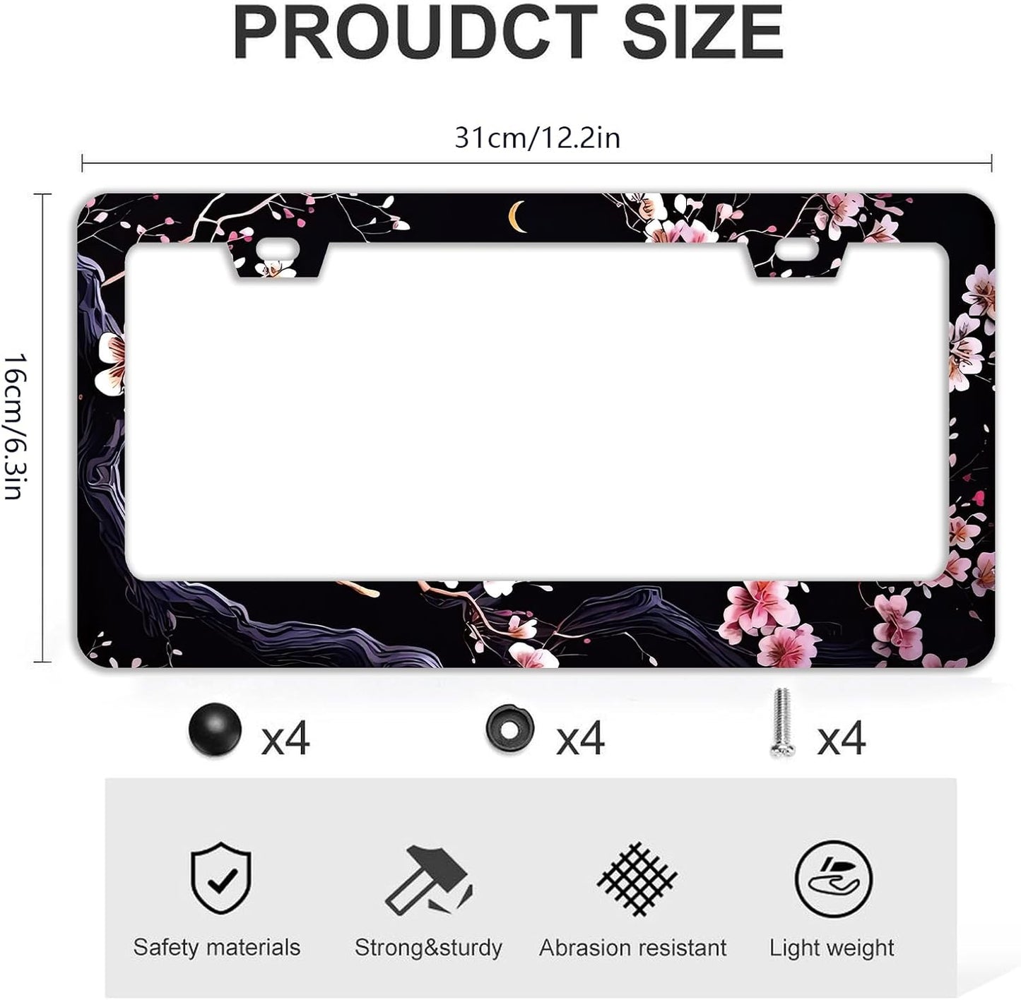 Watercolor Cherry Blossom License Plate Frames - 2 Pcs Set 2 Holes Stainless Steel Metal Auto Car Accessories Decoration License Plate Frame Cover Size 6.3" x 12.2" Fit US Vehicles for Women Men Gift