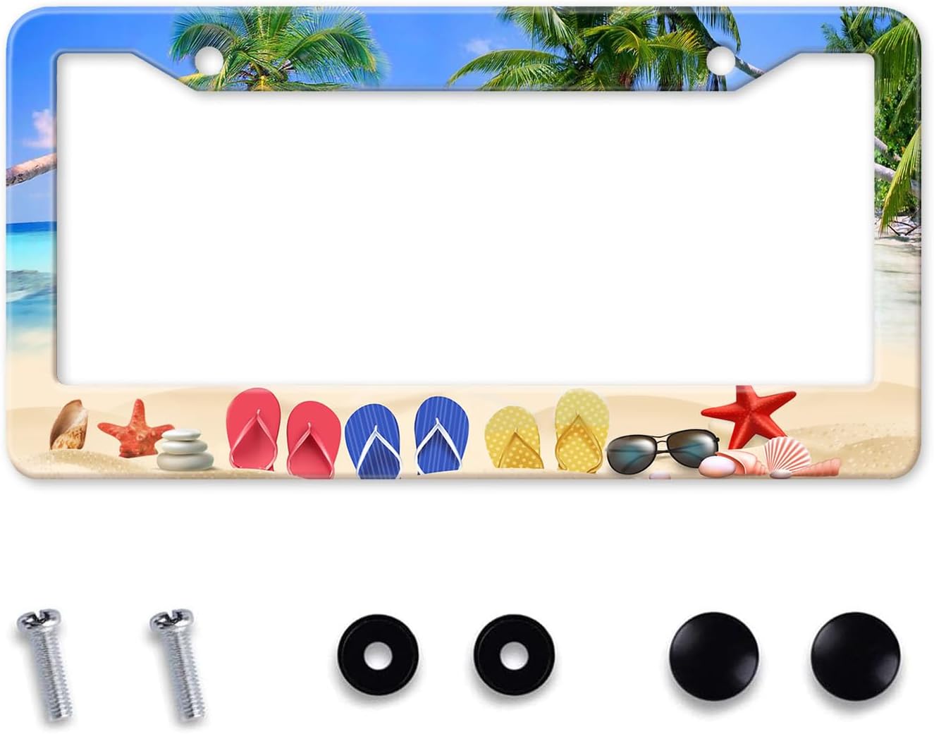 Beach Flip Flops License Plate Frame, Ocean Beach Vacation Scene License Plate Hloder Covers, Metal Aluminum Rustproof Car Accessories for Women Men 2 Holes with Screw Caps