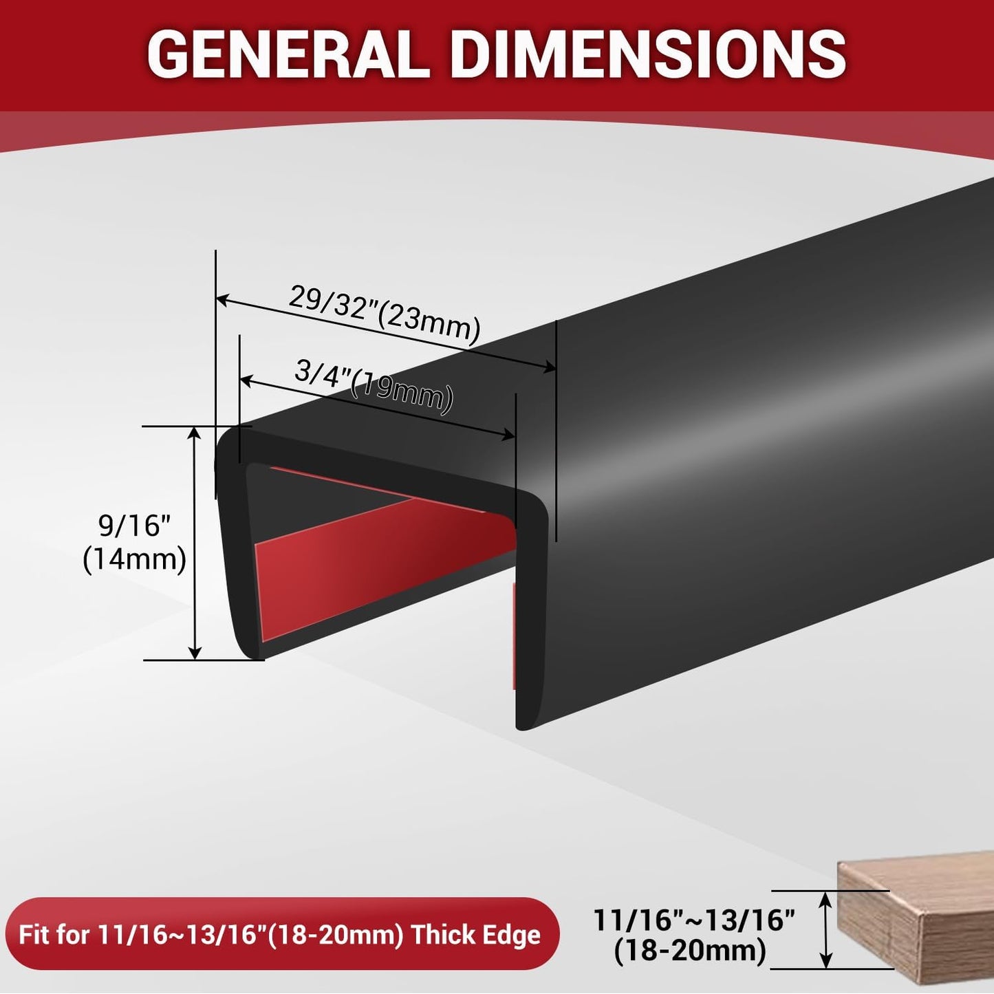 Rubber Edge Trim, 3/4" Self Adhesive Flexible U Channel Edge Protecter, EPDM Material Big Size Deep U Channel Gasket for Plywood, Tables, Desks, Cabinets, Black Color, 20Ft
