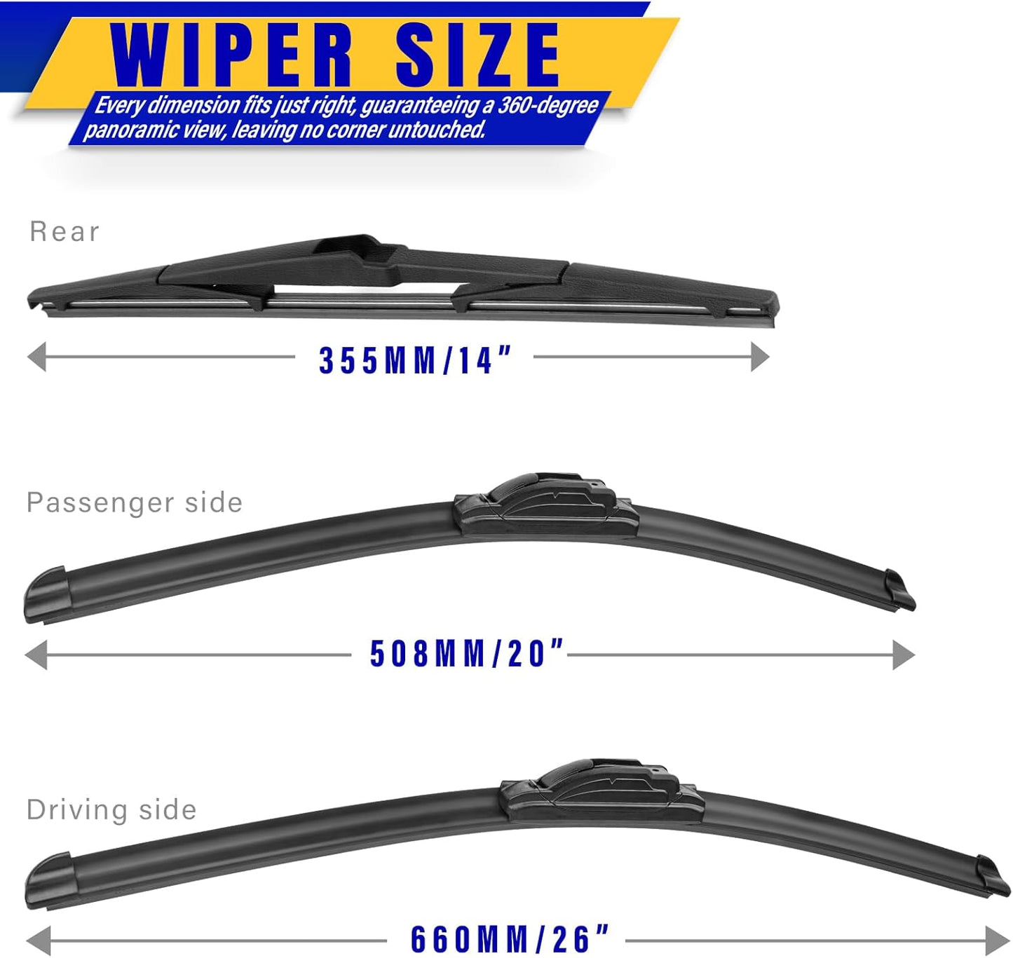 3 wipers Replacement for 2017-2021 2022 2023 2024 Chrysler Pacifica, Windshield Wiper Blades Original Equipment Replacement - 26"/20"/14" (Set of 3) U/J HOOK
