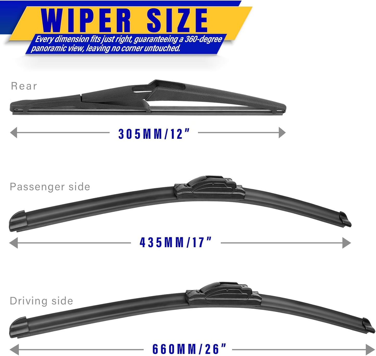 3 wipers Replacement for 2014-2021 2022 2023 Nissan Rogue, Windshield Wiper Blades Original Equipment Replacement - 26"/17"/12" (Set of 3) U/J HOOK