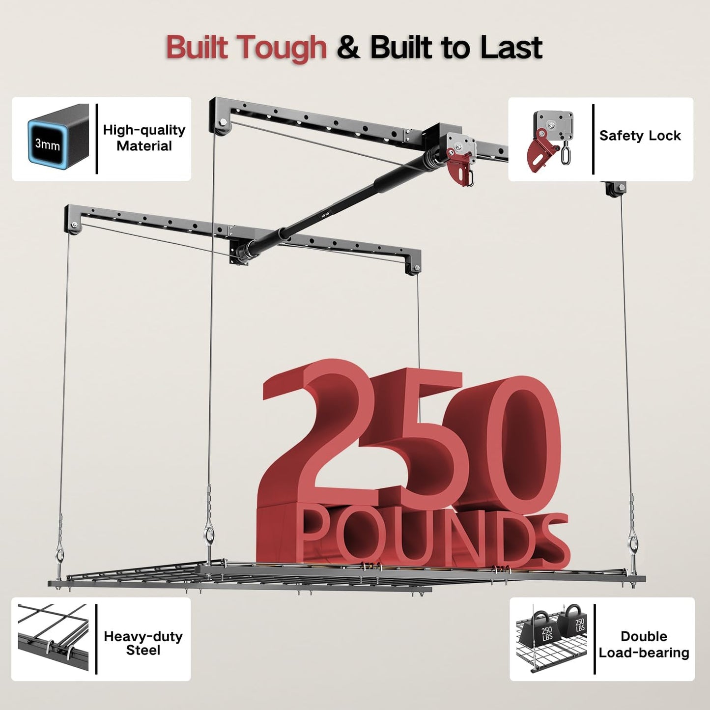 Overhead Garage Storage Rack, Adjustable Heavy-duty 4x4 Ft Ceiling Storage Racks with Safety Lock, Ideal for Garage Storage Lifting Organization System, 250lbs Capacity