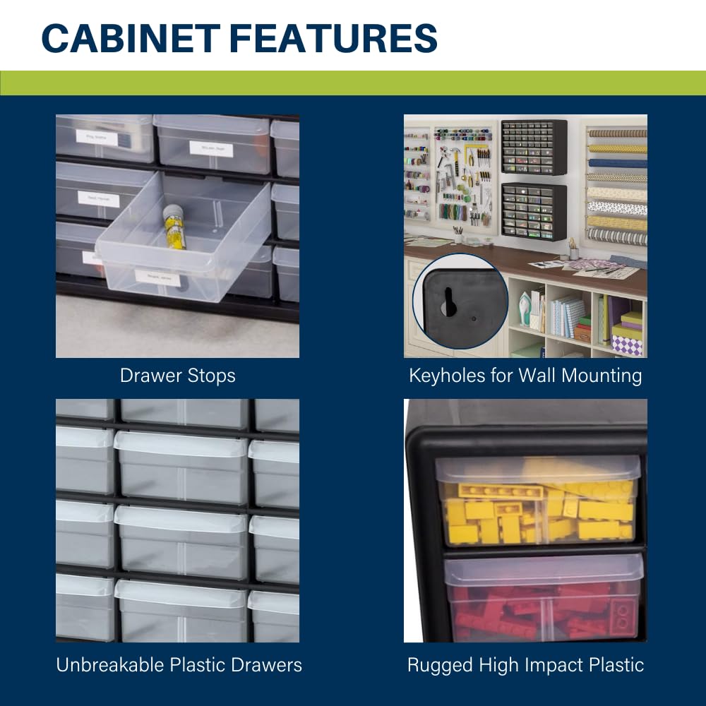 Akro-Mils 24-Drawer Plastic Drawer Storage Cabinet for Garage Organization, Bead Organizer, Building Bricks Storage, Teacher Toolbox, Makeup Organizer, 20-Inch W x 6-Inch D x 16-Inch H, 10124 Yellow