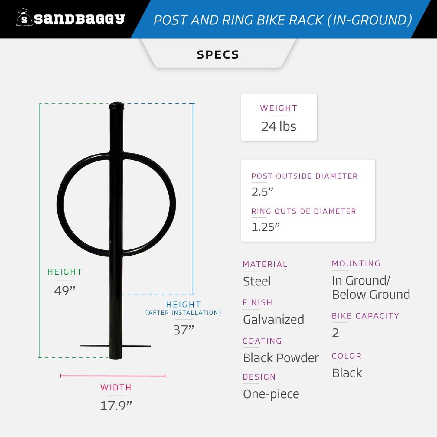 Sandbaggy Post and Ring Bike Rack - Commercial Outdoor Bike Parking Racks (In-Ground, 1)