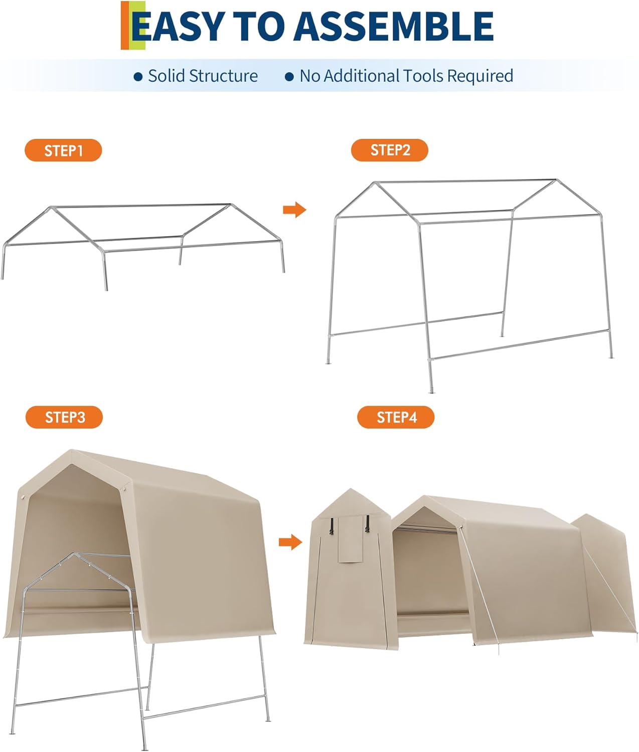 6x6 Ft Carport Heavy Duty Tent with Roll-Up Windows, Portable Garage with Removable Sidewalls & Doors, Car Canopy All-Season Tarp for Car Boat Truck Motorcycle, Khaki