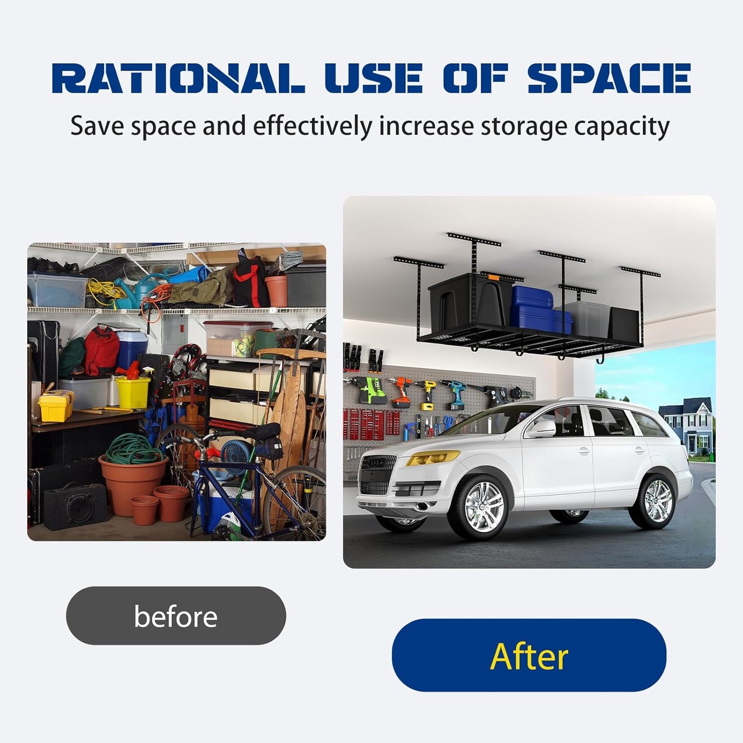 4x8 Overhead Garage Storage Rack with 4 Extra Hooks – Adjustable Heavy-Duty Ceiling Storage System (22"-40"), Holds 600 lbs, 22 lbs per Hook, Steel Hanging Organizer for Tools, Bins & Bikes | Black