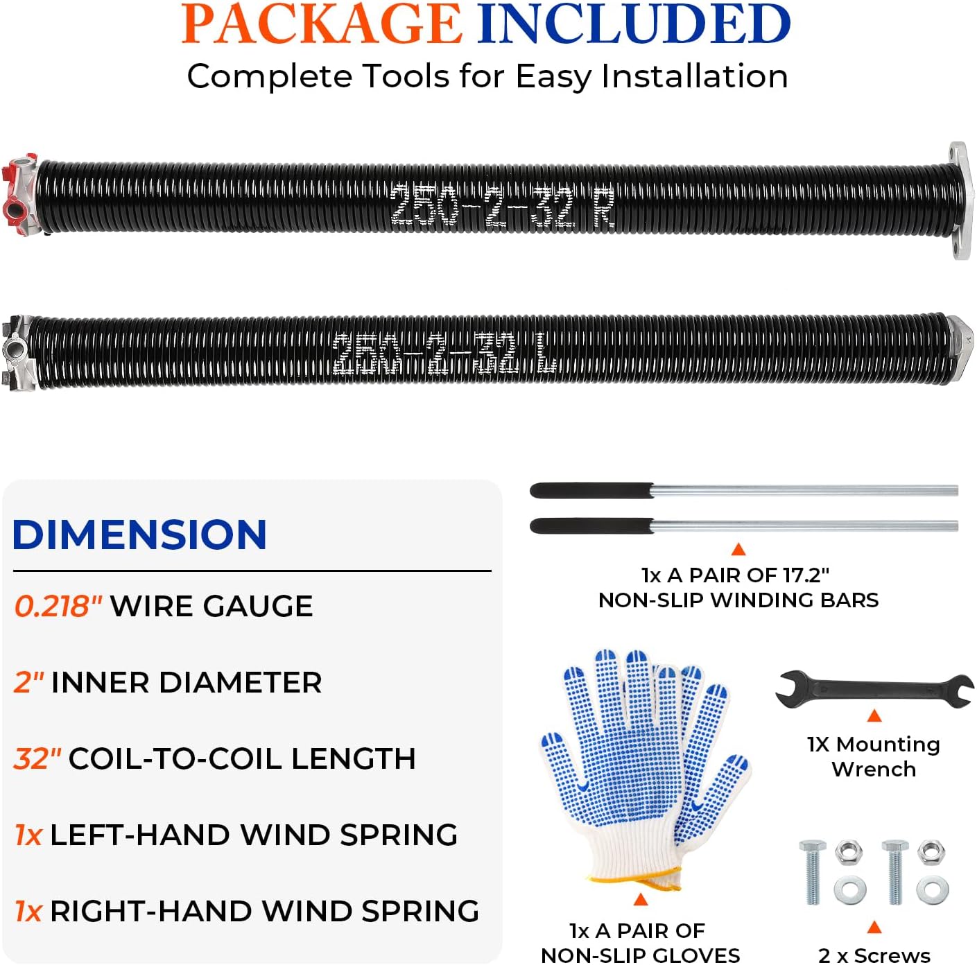 Pair of 2" Garage Door Torsion Springs (0.250'' X 2‘’ X 32‘’) with Non-Slip Winding Bars & Gloves, Heavy-Duty Replacement, 18,000 Cycles, High Precision Electrophoresis Black Coated