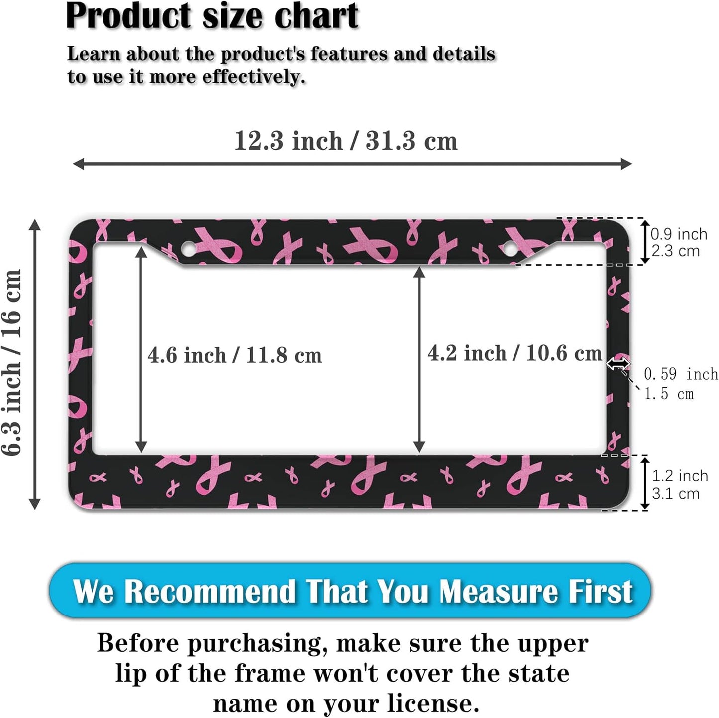 License Plate Frames for Men Black Powder Car License Plate Frame for Women Pink Ribbon Aluminum Metal Car Accessory 2 Pack with Screw Covers Set