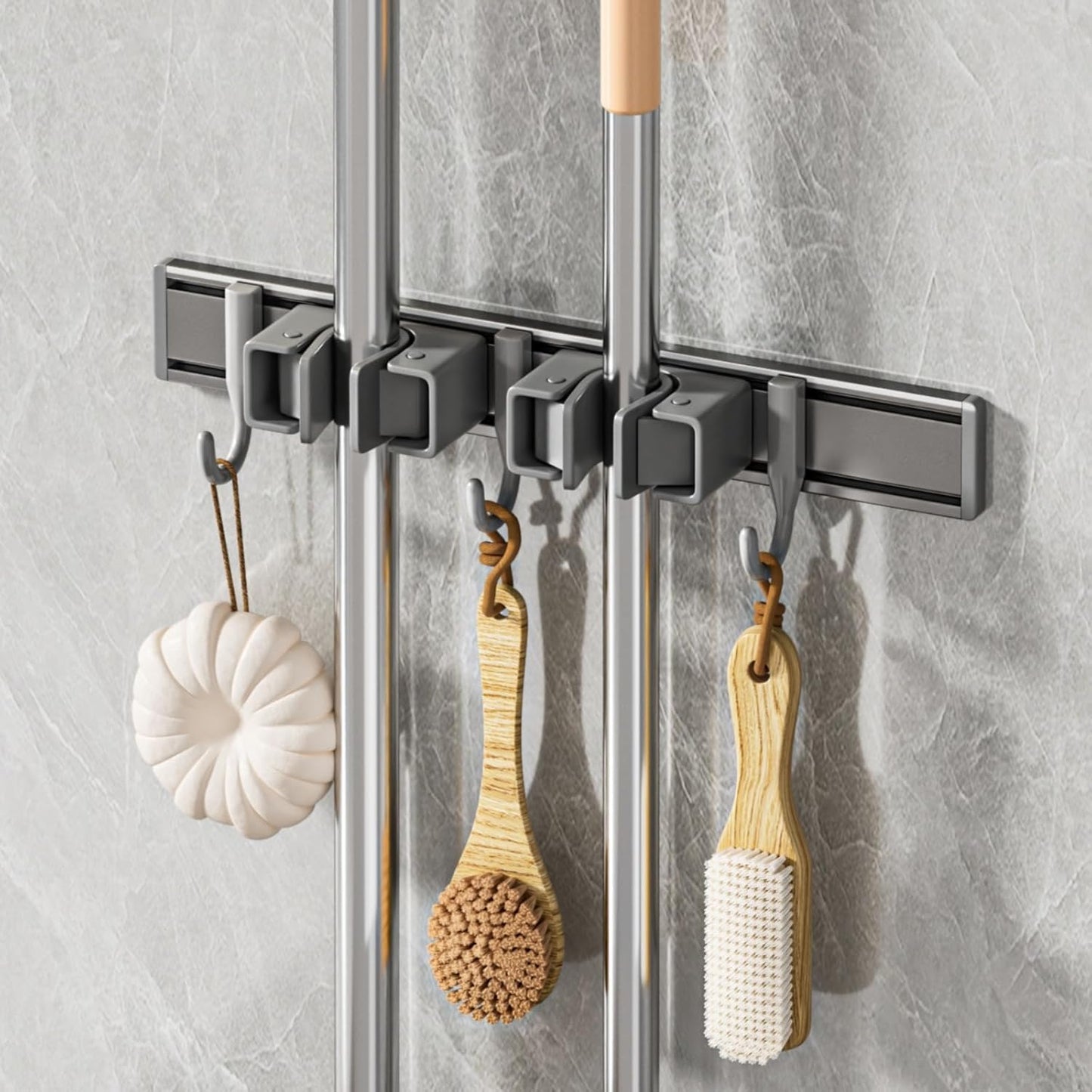 Broom Holder Wall Mount Movable Hooks and Clips Mop and Broom Hanger Wall Mounted Aluminum Garage Tool Organizer Storage adhesive (30cm, Grey)