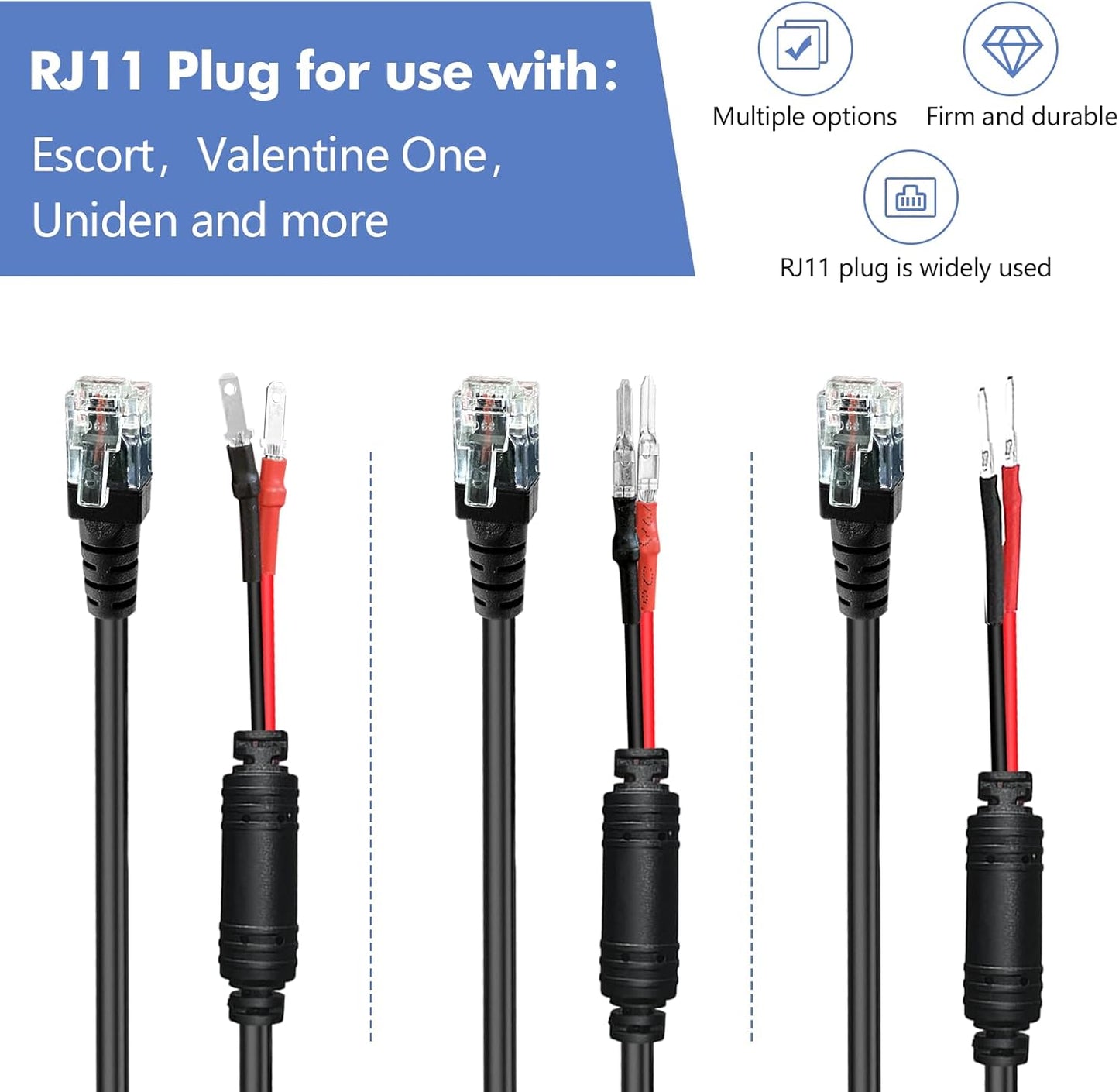 Radar Detector Hardwire Power Cord,Rearview Mirror Plug Cable,with Inline Fuse Holder,Suitable for Escort Beltronics Valentine One Cobra Whistler Radar Detector,3-Piece Set,9.8'' (RJ11)