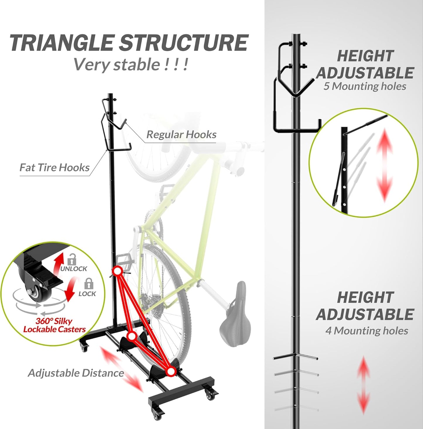 Vertical Bike Parking Stand - Adjustable Height for 29" Wheels, Space-Saving & Freestanding Bike Rack for MTB/Road Bikes,No-Drill Installation Indoor Bike Storage for Apartments & Garages