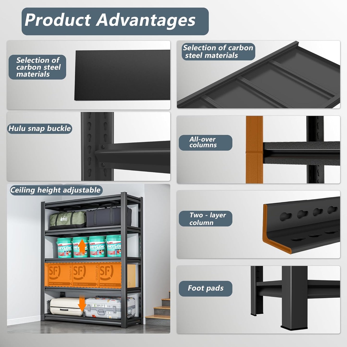 Simple Design, 500 lbs Load Capacity per Level, Free Height Adjustment Ready to Install, Basement, Garage, Warehouse Universal, Black (77.4 “H*35.4 ”W*15.7 "D)