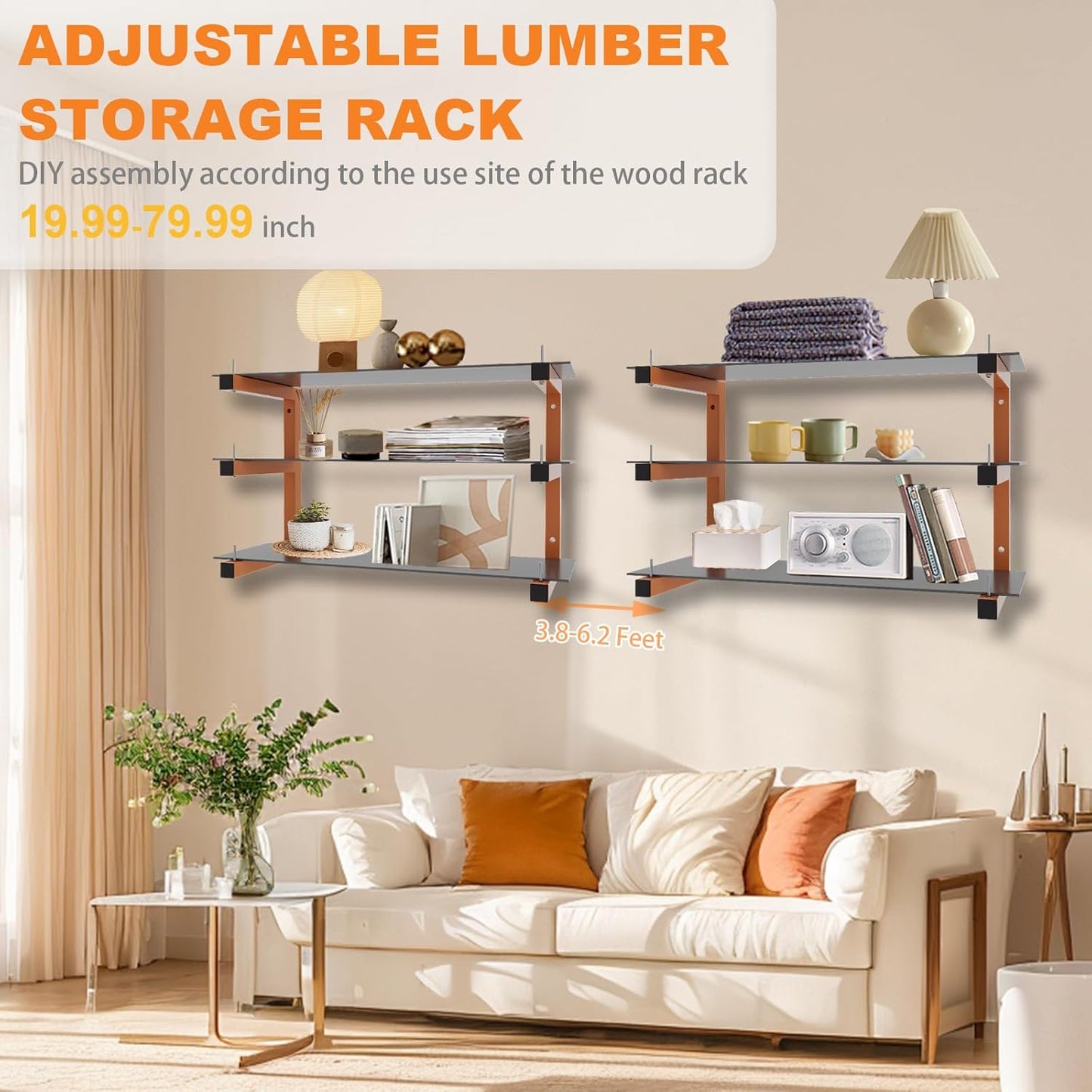 4 Pack Wall-Mounted Lumber Rack, Heavy Duty Wood Storage Racks, 6-Level System Garage Shelving, 1320 LBS Capacity Hanging Organizer Shelves, Orange Brackets Utility Metal Shelf for Indoor and Outdoor