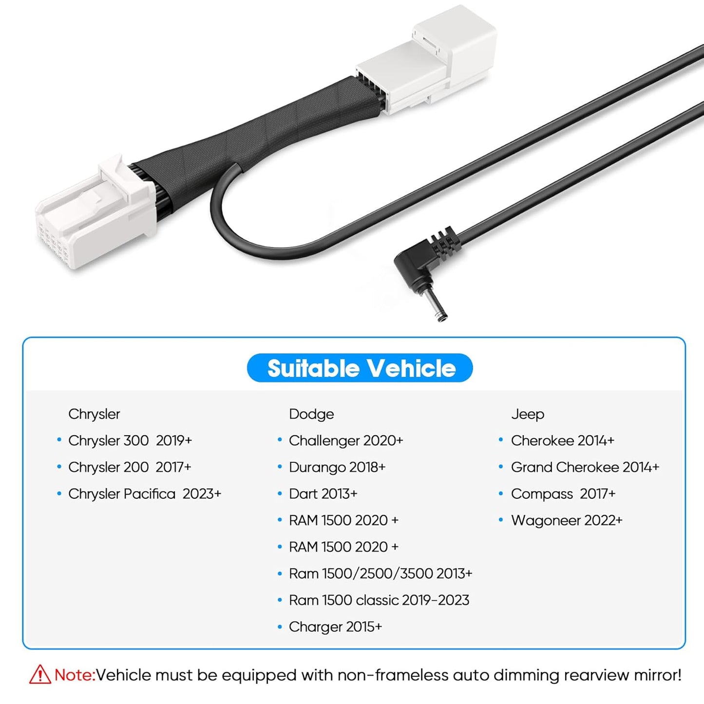 Radar Detector Power Adapter DC3.5 Plug (10P Type C) Compatible with Dodge RAM,Charger,Challenger,Grand Cherokee,Chrysler,with Auto-dimming Rearview Mirror,Radar Detector Adapter Cable,Clean Install