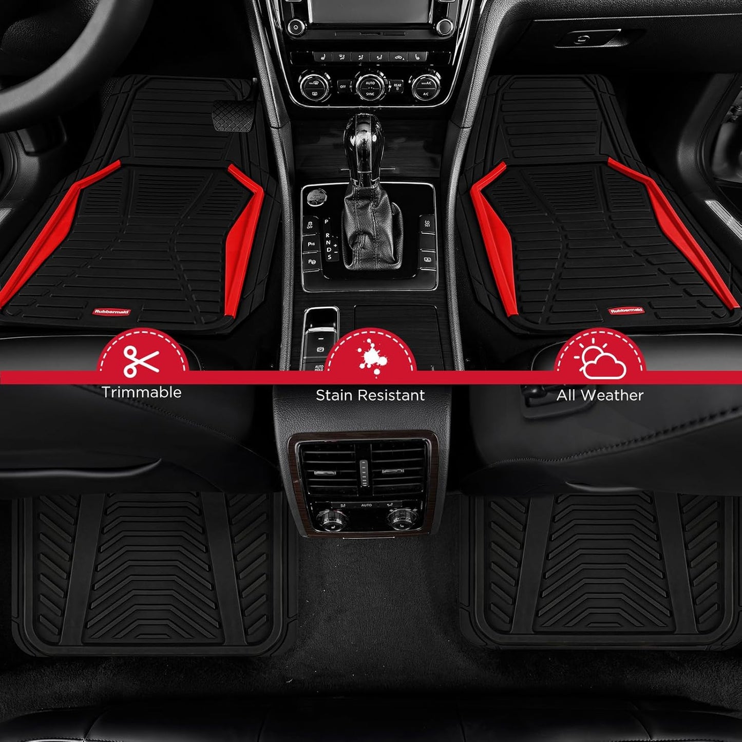 Rubbermaid Car Mat Full Set All-Weather Heavy-Duty 4 Pieces– Trim-to-Fit Universal Car Mats Full Set – Waterproof Rubber Floor Liners for Most Trucks, SUVs, Vans, and Sedans-Red