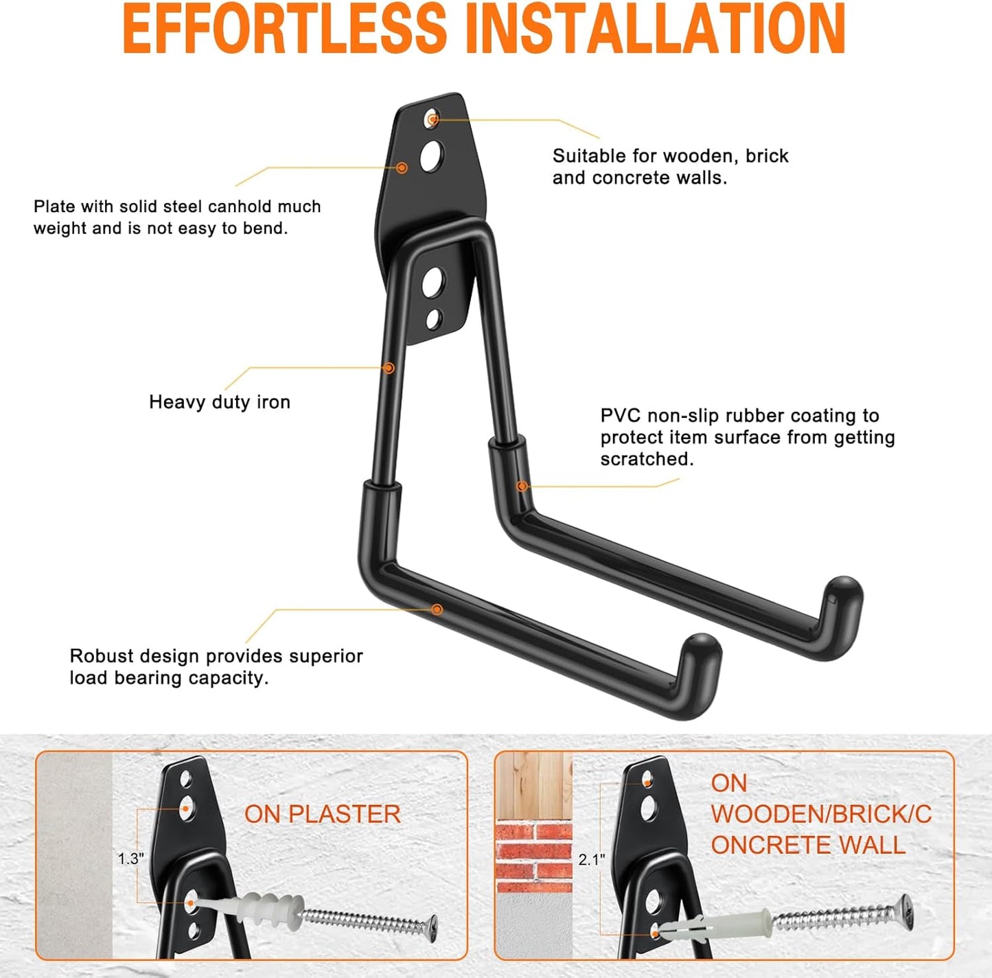 Heavy Duty Garage Hooks 8 Pack, 7.7 inch U Shaped Long Hanger, Wall Mounted Storage System, Power and Garden Tool Organizer, for Hanging Ladders, Bikes, Hose, Bulk Items and More