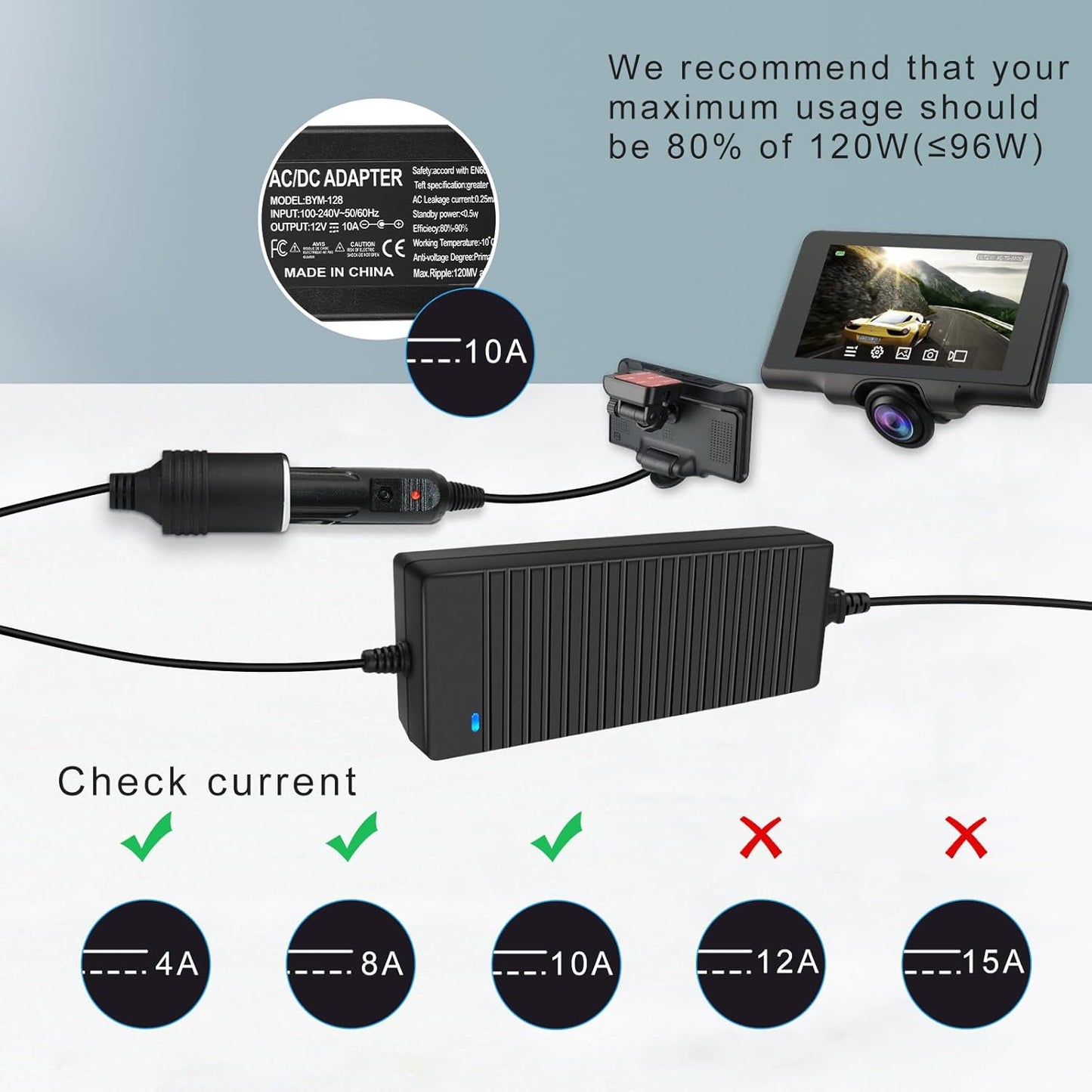 inShareplus 12V 120W 10A AC to DC Converter (3 Pin), 110V to 12V Cigarette Lighter Adapter to Wall Outlet Socket, 12 Volt Power Supply Transformer for Car Devices (MP3, Fan, Dash Cam ect.)