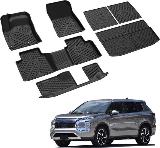 LASFIT Floor Mats & Backseat Cargo Mat for Mitsubishi Outlander 2022-2025 (Not Fit PHEV or Sport Models), TPE All Weather Protection Custom Fit 3 Row Rubber Floor Liners, Black, Easy to Clean