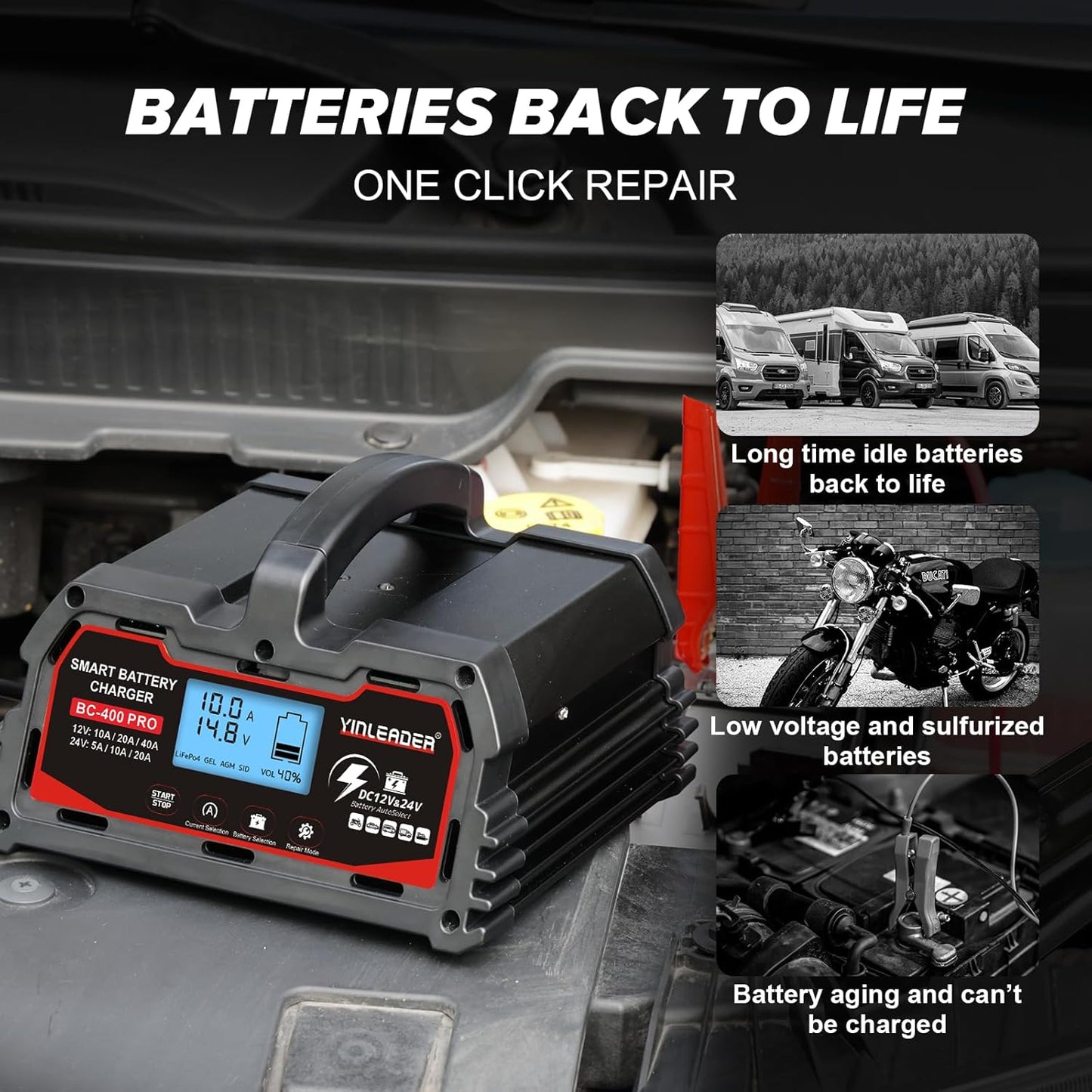 Battery Charger 40A, 12V/24V Lead Acid Smart Battery Charger, 12V LiFePO4 Car Battery Trickle Charger, Automatic Battery Maintainer for Car Motorcycle Lawn Mower Marine Boat Lead Acid Batteries