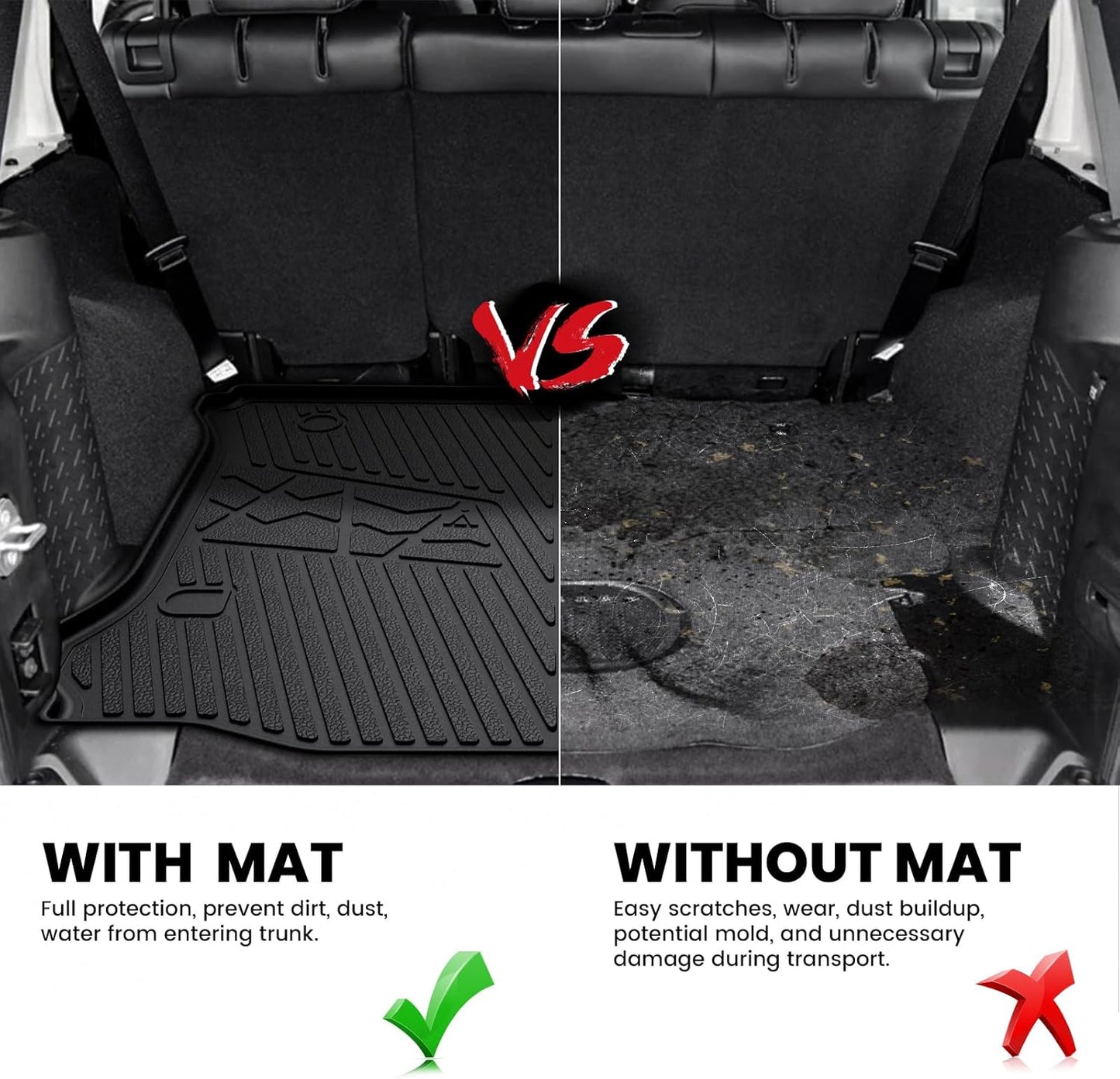 LASFIT Trunk Mat for Jeep Wrangler 2011-2018 JK Unlimited 4-Door (NOT for JL or 2-Door) All Weather TPE Custom Fit Cargo Mat Trunk Liner Cargo Liner, Black