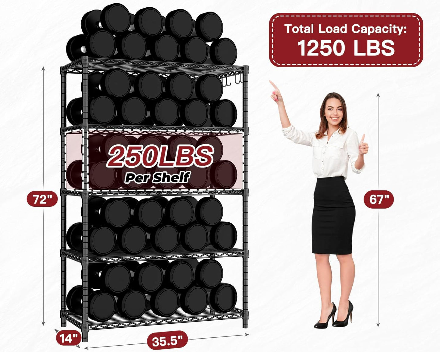 PrimeZone Wire Metal Storage Shelves - 5 Tier Adjustable NSF Certified Heavy Duty Garage Shelving Unit Organizer Rack, Steel Utility Shelf for Kitchen, Pantry, 35.5" W x 14" D x 72" H, Black, 2 Packs