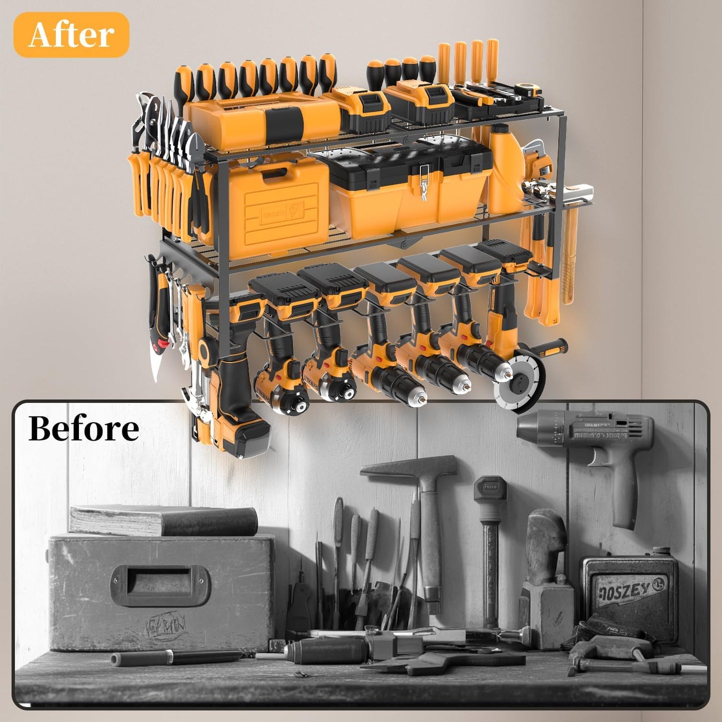 Large Power Tool Organizer Wall Mount, Power Tool Shelf System Battery Storage with 8 Cordless Drill Holder，3 Layers Heavy Duty Metal Loads 450lbs，Utility Racks for Garage Workshop