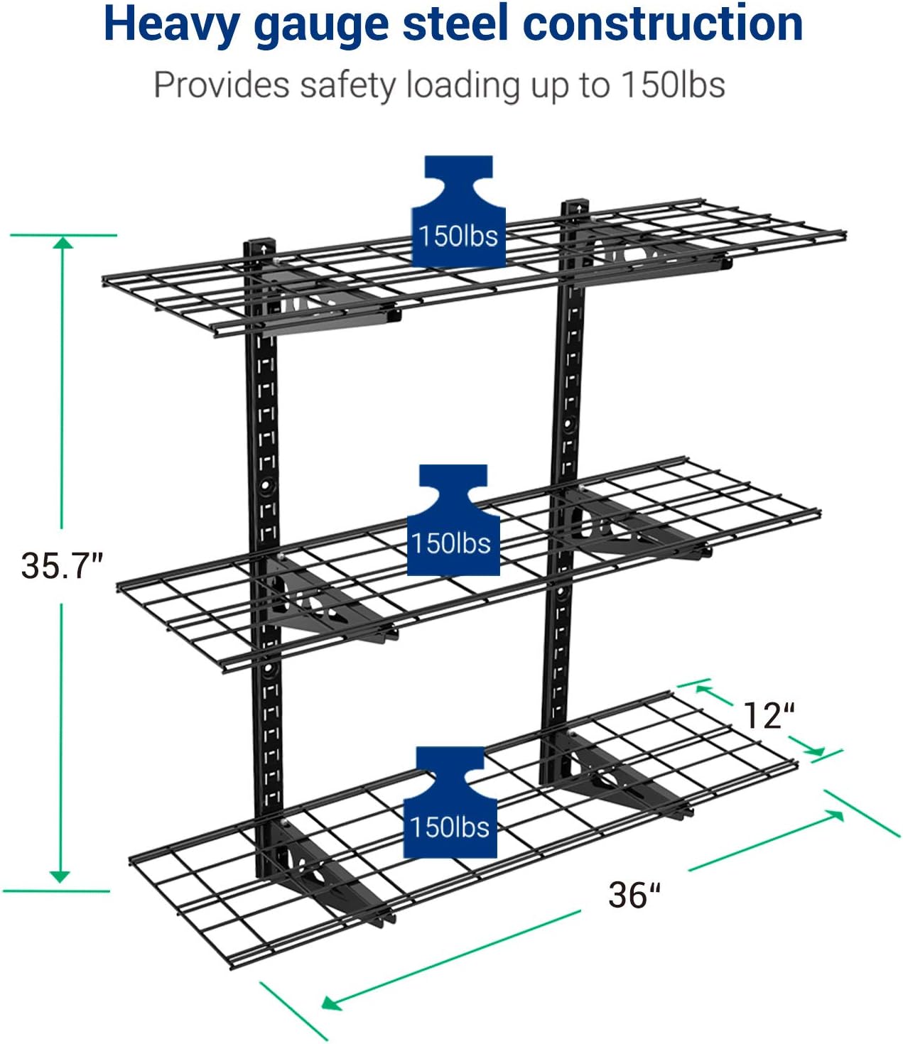 FLEXIMOUNTS 3 Tier 1x3ft Garage Storage Wall Shelving, 12x36inch per Shelf Height Adjustable Floating Shelves, 450lbs Total Weight Capacity, Black