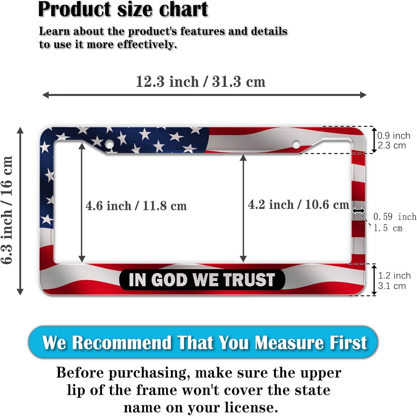 License Plate Frames Multicolor License Plate Holder American Flag in God We Trust Universal Aluminum Car Accessory 2 Pack with Screw Covers Set