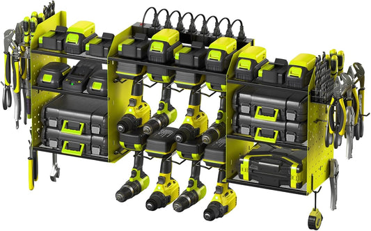 CCCEI Green Large Tools Organizer Wall Mount Charging Station, 39 Inch Long Power Tool Battery Storage Rack with 6FT Power Strip. 8 Drill Holder, Garage Utility Shelves. Pegboard Hanging Extension.