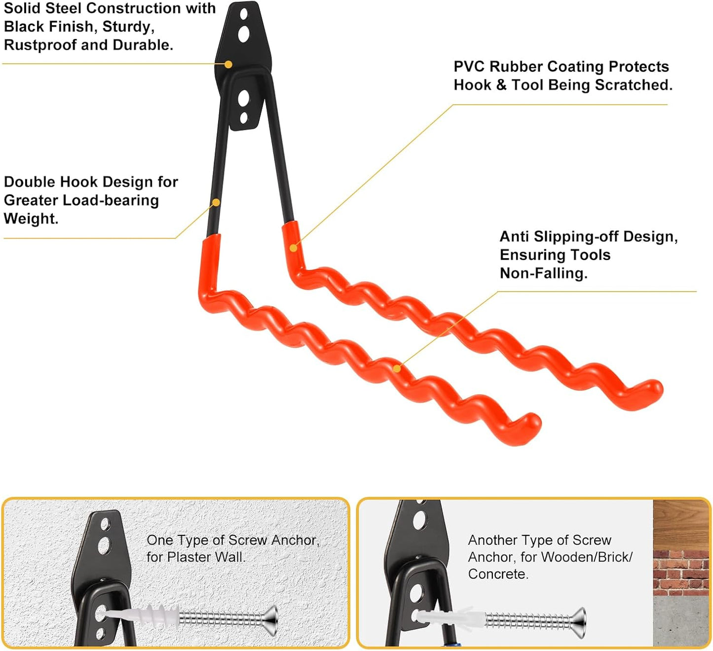 Wall Mounted Garage Hooks Tool Organizer, 12.4 Inch Garage Storage Hook Heavy Duty Utility Wall Hangers Orange for Ladders, Hose, Garden Tools, Set of 4