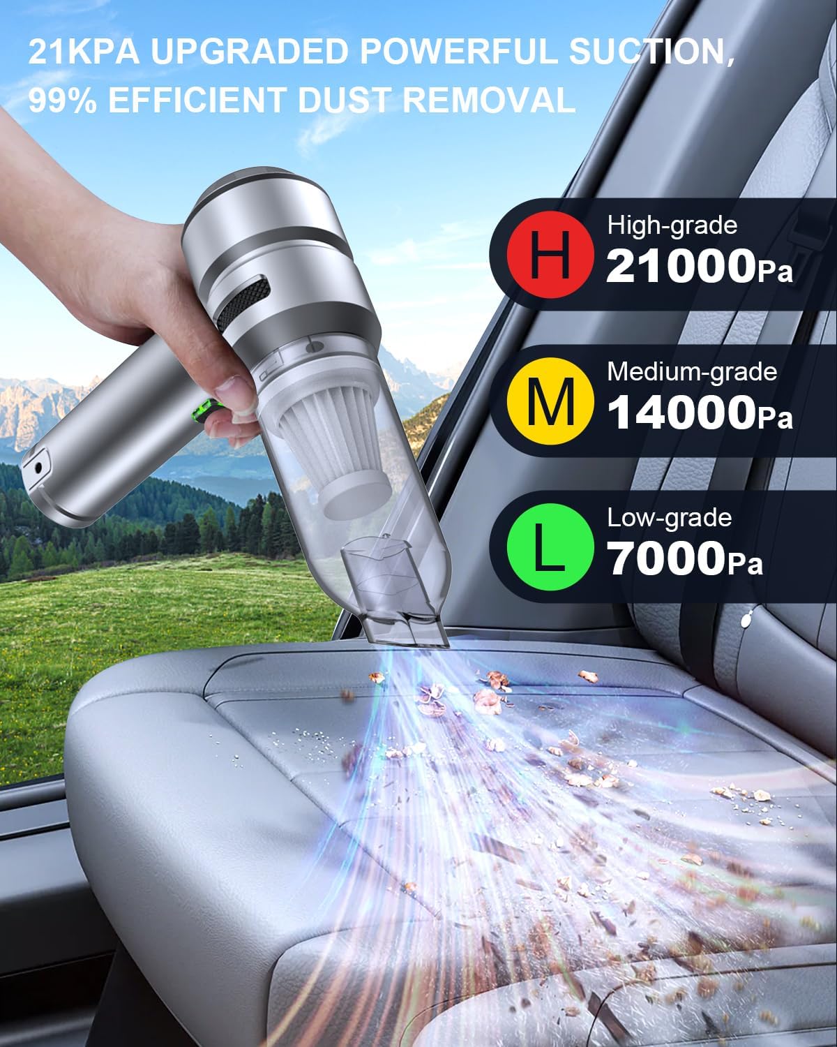 Car Vacuum,3 Suction Modes,Portable Mini Cordless Cleaner with 21000pa Suction Power,Type-C Charge,Handheld Vacuum for Home,Car, Office Desk, Keyboards(Mysterious Silver)