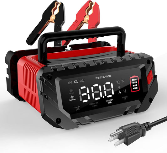 30-Amp Car Battery Charger, 6V/12V/24V Smart Automatic Automotive Charger, Battery Maintainer, Trickle Charger for Car, Motorcycle, Boat, Lead-Acid, Lithium, LiFePo4 Battery