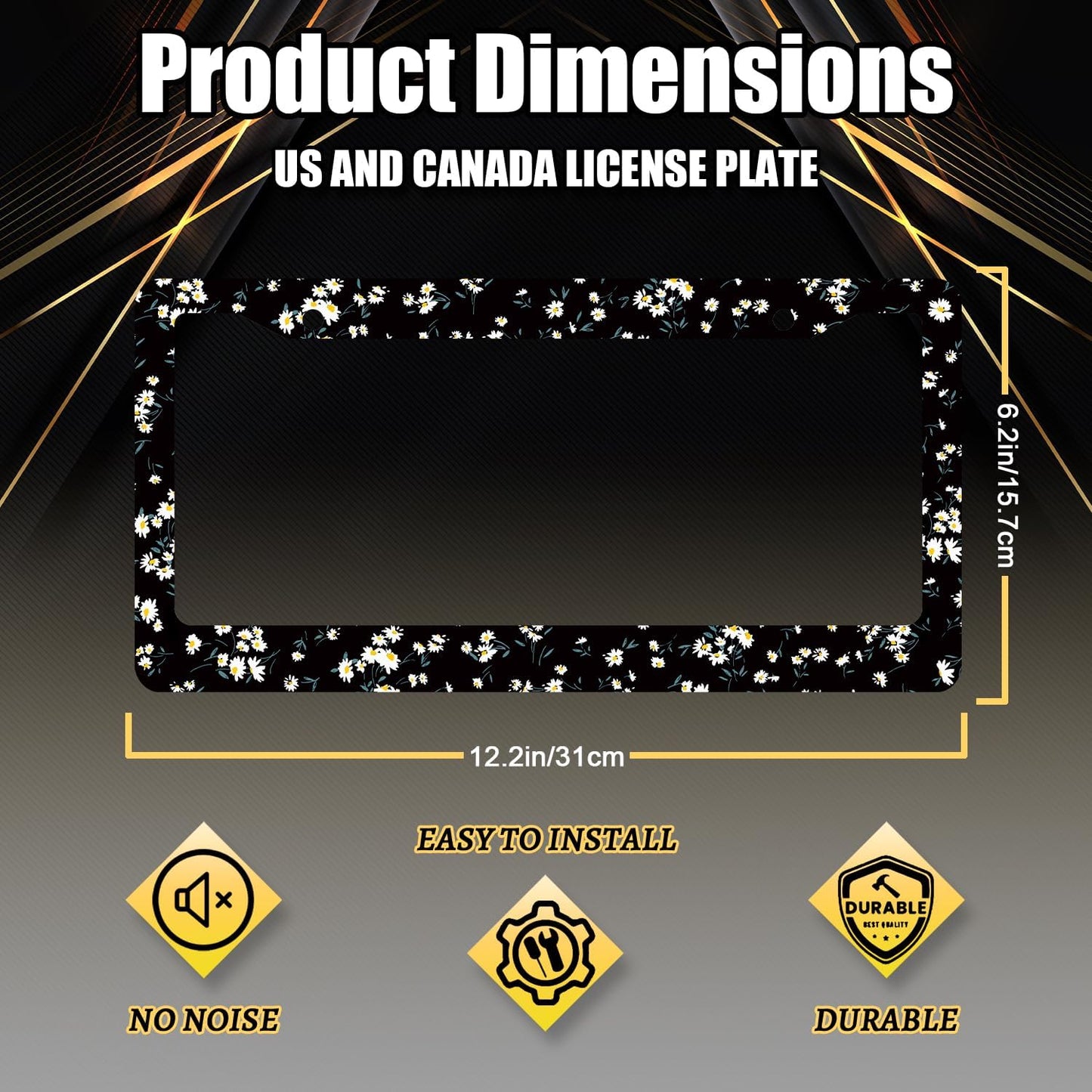 Daisy License Plate Frame Watercolor Daisies Flower License Plate Holder Stainless Steel Funny Design with 2 Holes and Screws 12.3" x 6.3"