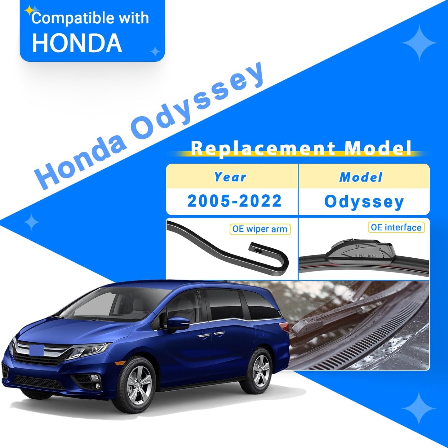 Windshield Wiper Blade Set Replacement for 2005-2022 Honda Odyssey Original Equipment Replacement Front Rear Wiper Blades-26"/22"/16" (Set of 3) U/J Hook