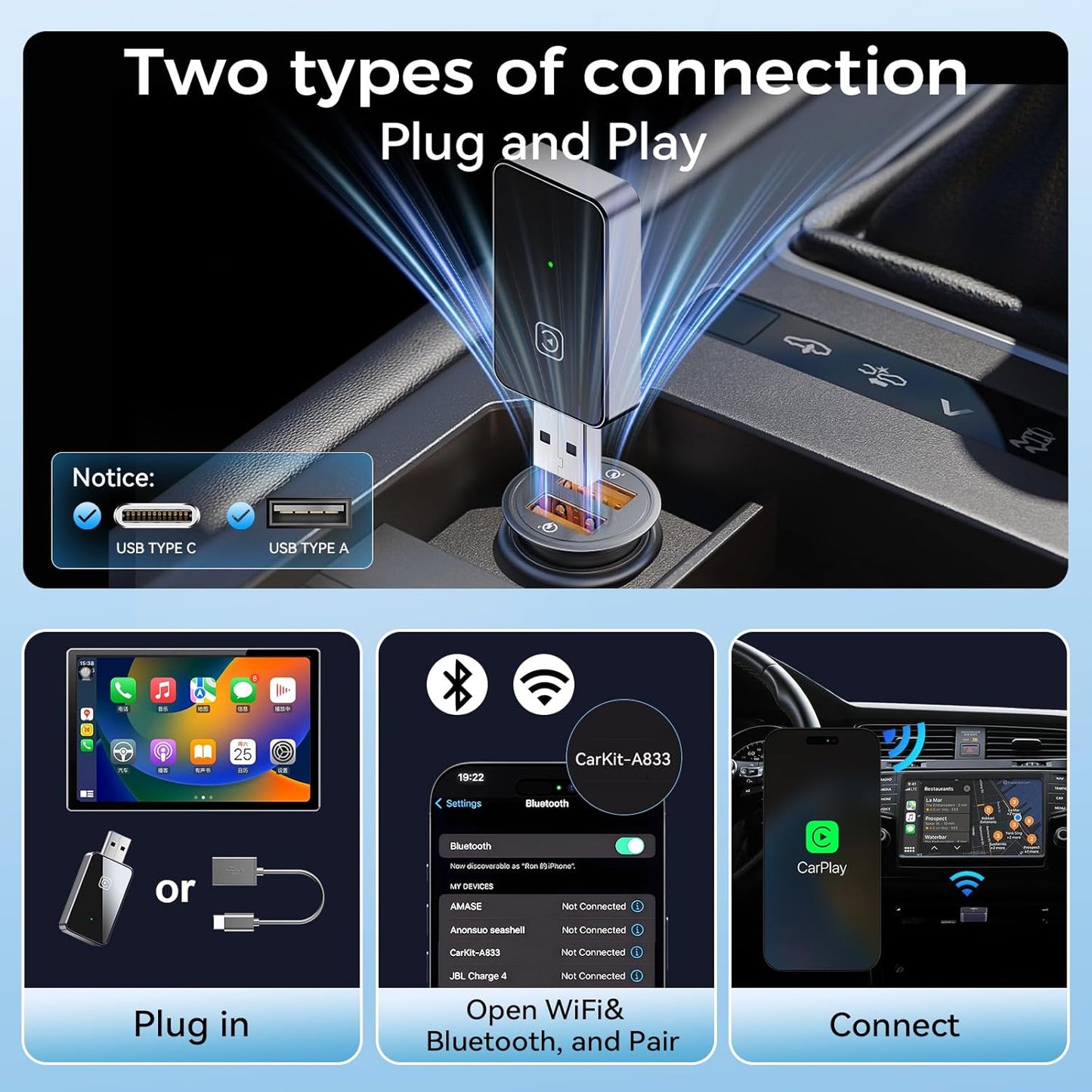 Wireless CarPlay Adapter for iPhone, for Apple CarPlay Wireless Adapter Android Auto 2 in 1, Plug and Play, Convert Wired Carplay to Mini Wire Less Car Play for iPhone iOS 10+ Android 11+