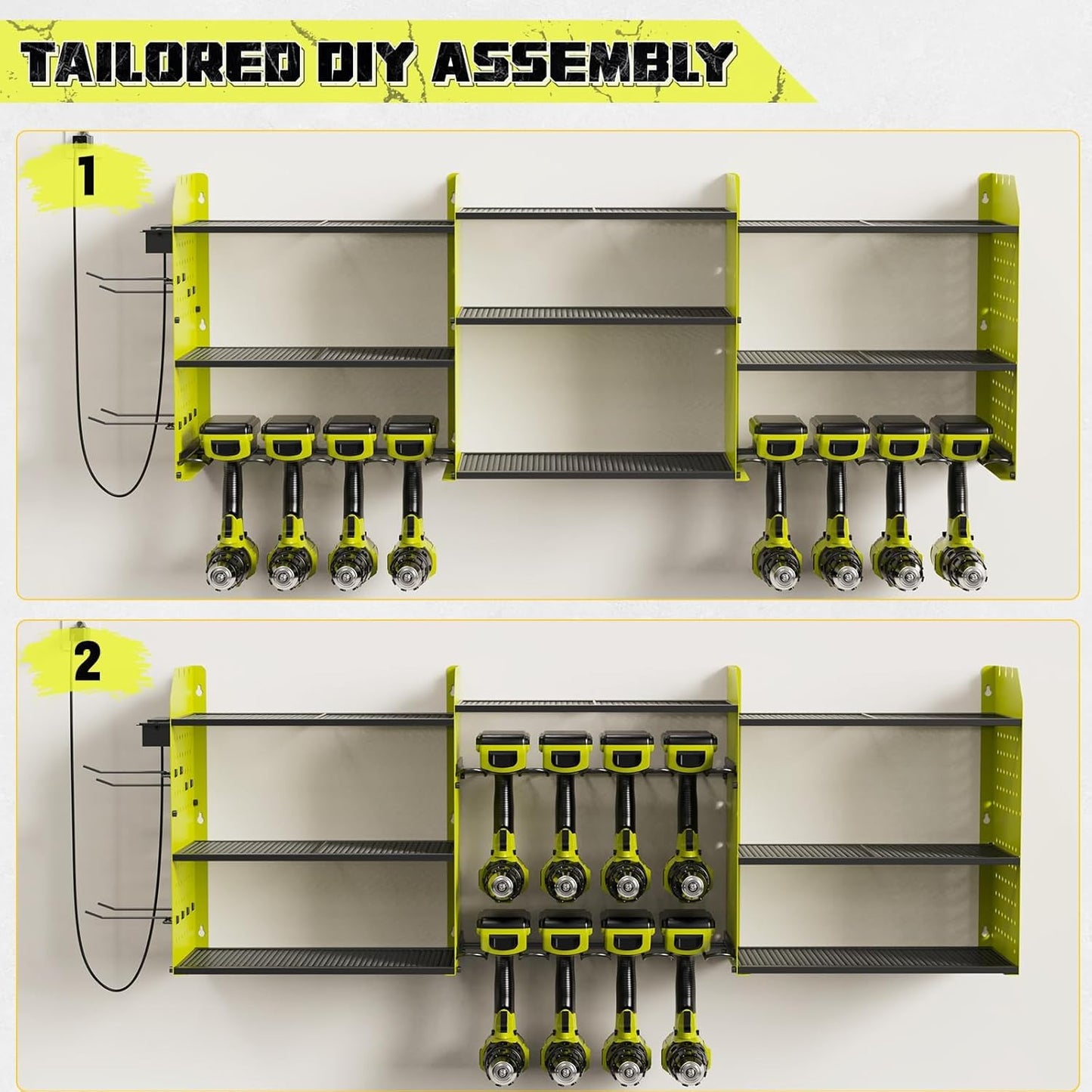 Power Tool Organizer with Charging Station Wall Mount, 3 Layer Expanded Heavy Duty Garage Organization, 45.5 Inch Length Garage Tool Storage, 8 Drills, 2 Assemble Method, Green