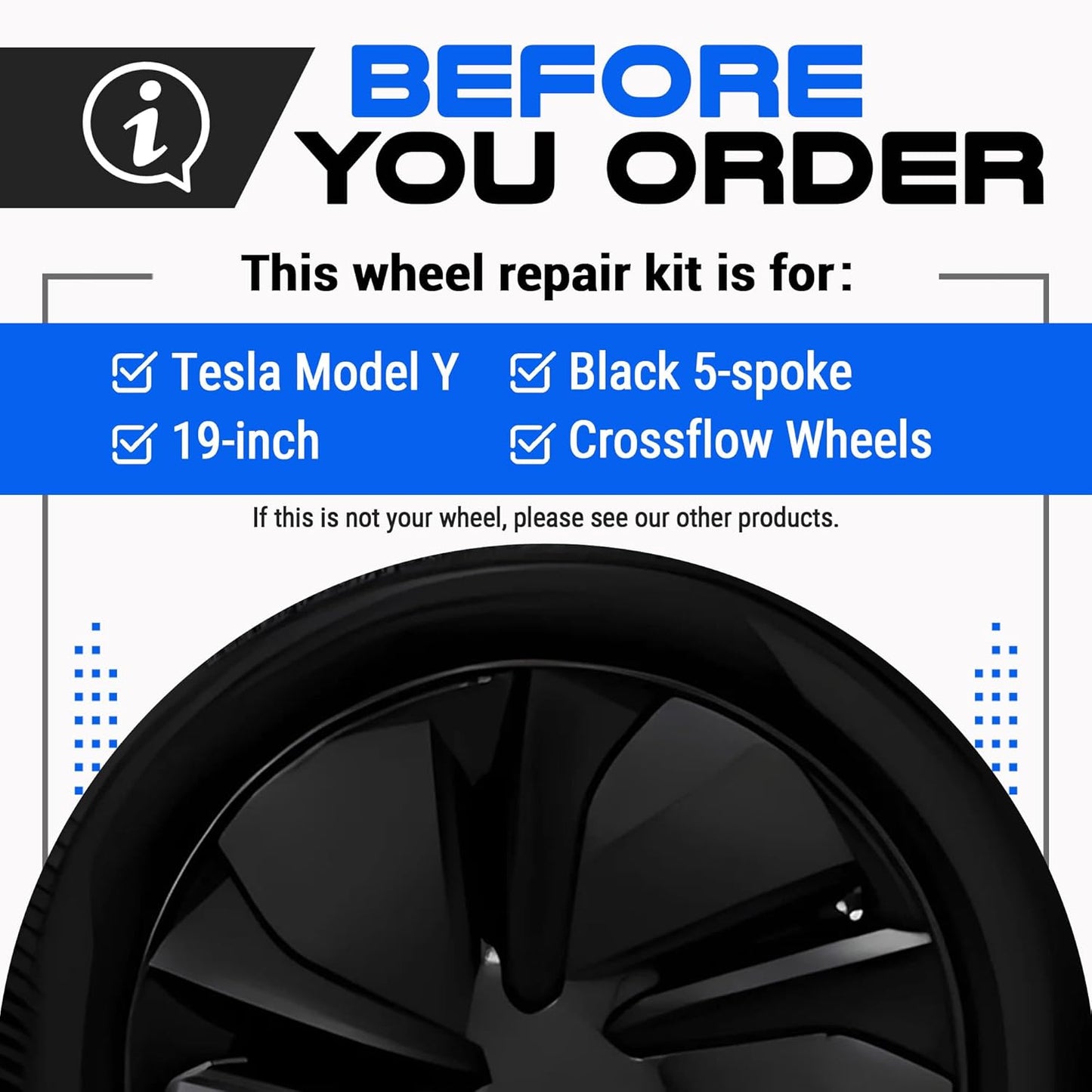 Premium Tesla Wheel Curb Rash Repair Kit for Model Y 19-inch Black Crossflow Rims - DIY Kit with Color-matched Touch Up Paint - Made in USA