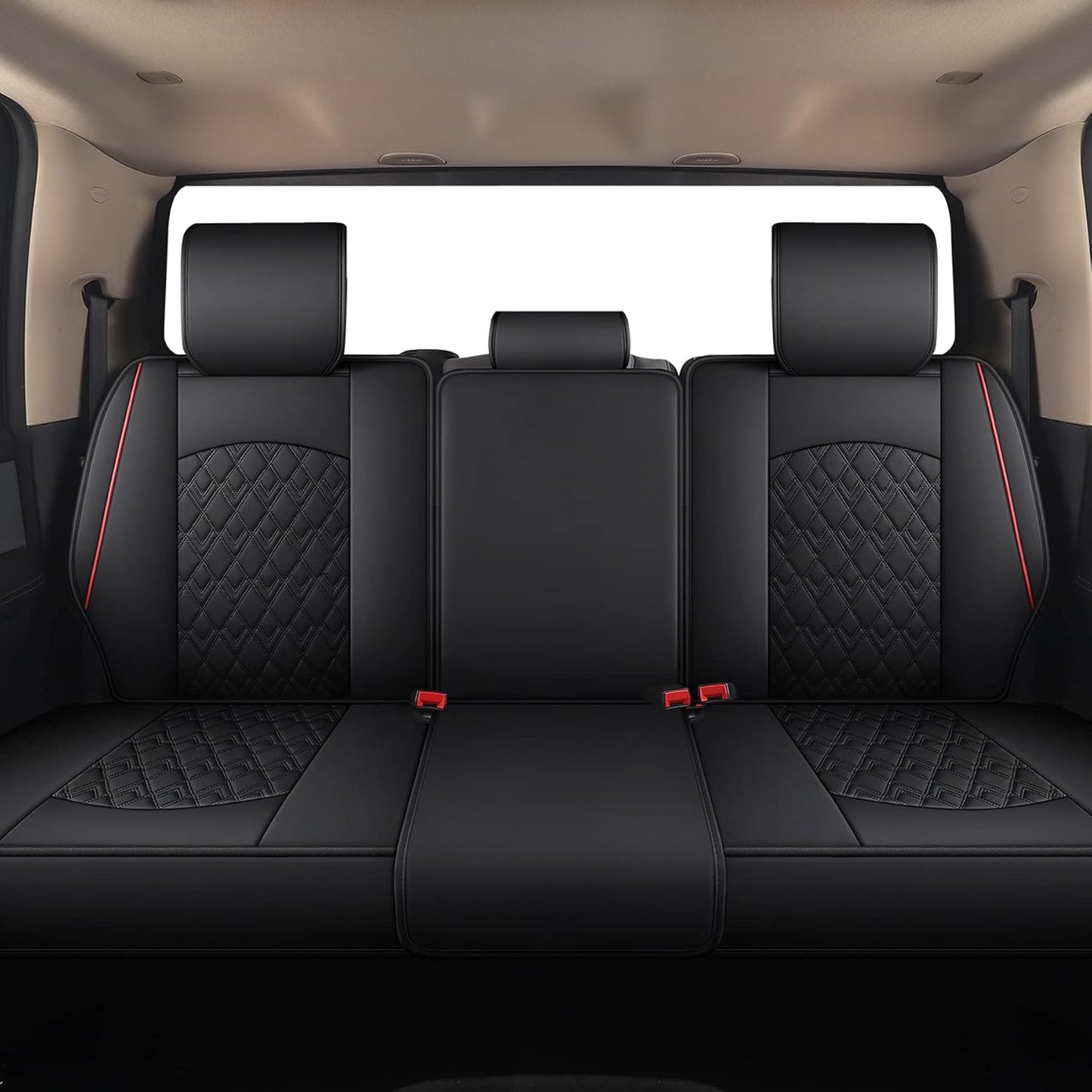 JOJOBAY Car Seat Covers for Dodge Ram Full Set,Fit Ram 2009-2025 1500/2500/3500 Pick-up Truck,Crew,Regular,Quad,Mega Cab,Waterproof Leather Seat Covers Protectors（5 PCS Full Set,Black/Red）