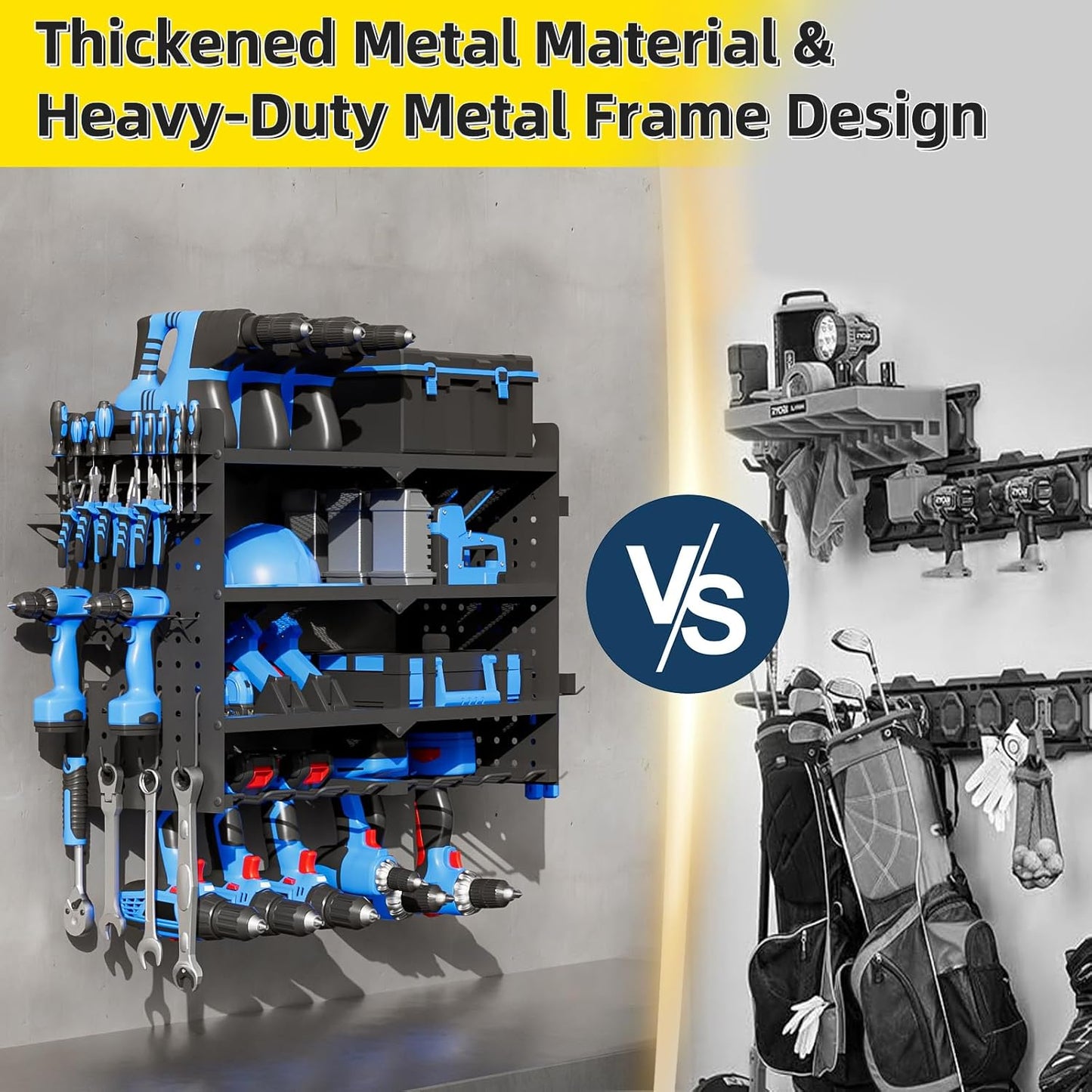 Power Tool Organizer Wall Mount with Charging Station, 4 Layers 6 Drill Holder, Heavy Duty Storage Utility Racks, Supports 600 lbs,Battery Shelf for Garage and Workbench (32 Inch 8 Drills Holder)