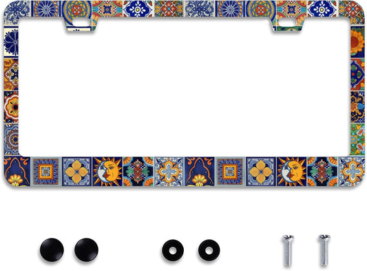Personalise Mexican Tiles License Plate Frames Mandala Boho License Plate Frame Car Universal Stainless Steel Accessories Cars Decorative 2 Holes Screws Fits Standard US Vehicles Size 12.2 x 6 Inches