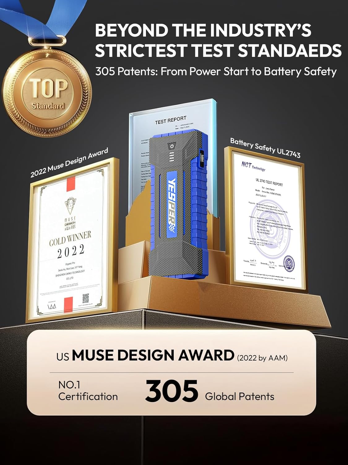 YESPER 2160A Car Jump Starter Portable，Battery Jumper Booster Pack, Boost Jump Box for Most 12V Vehicle (Up to 9.0L Gas/7.0L Diesel Engine), DSLI Safe Tech, PD 15W Fast Charge & DC 15V Port