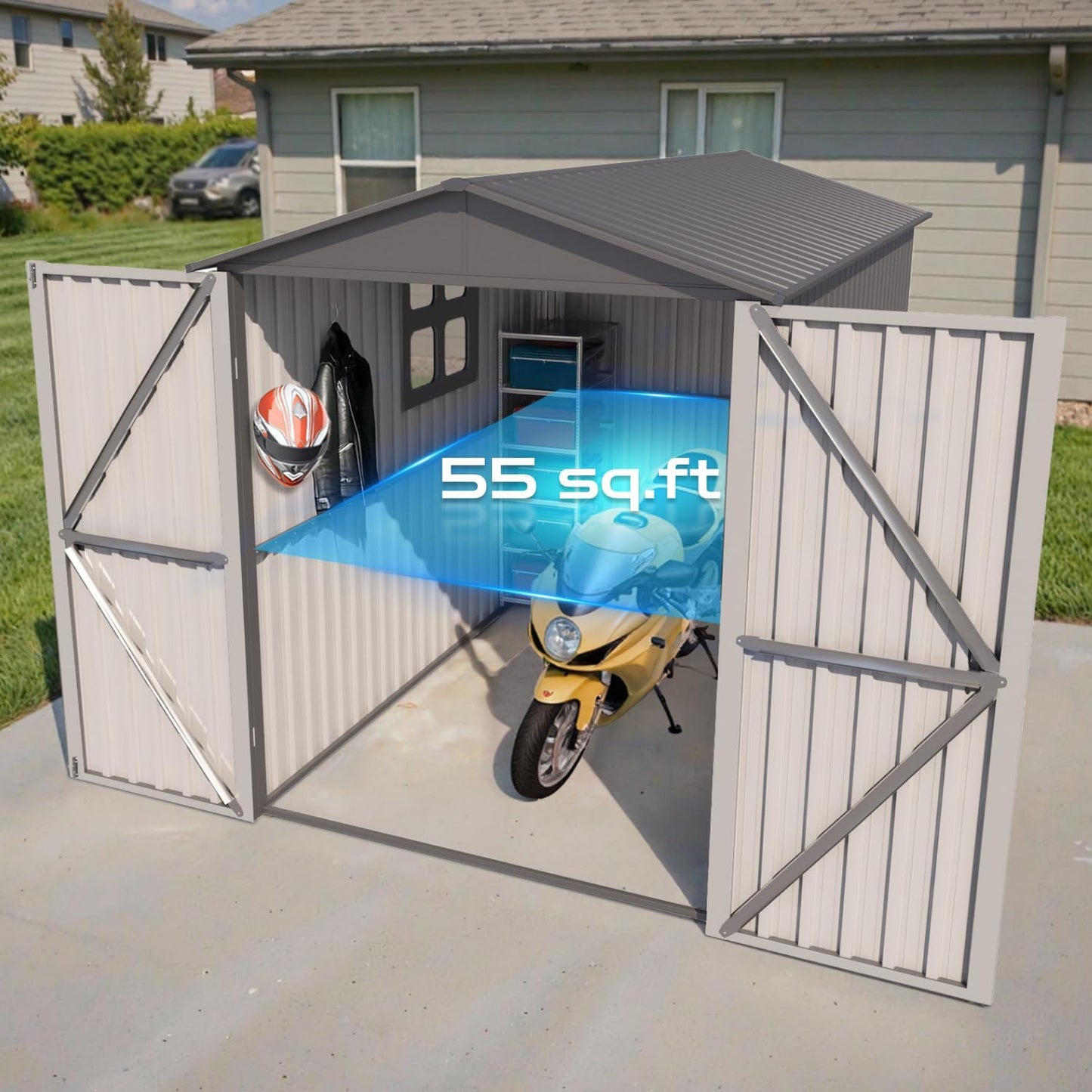 5’ x 10’ Motorcycle Storage Sheds, Metal Shelter & Garage with Windows and Lockable Door Handle, Heavy Duty Vehicle Shed for All Weather, Anthracite with White Trim