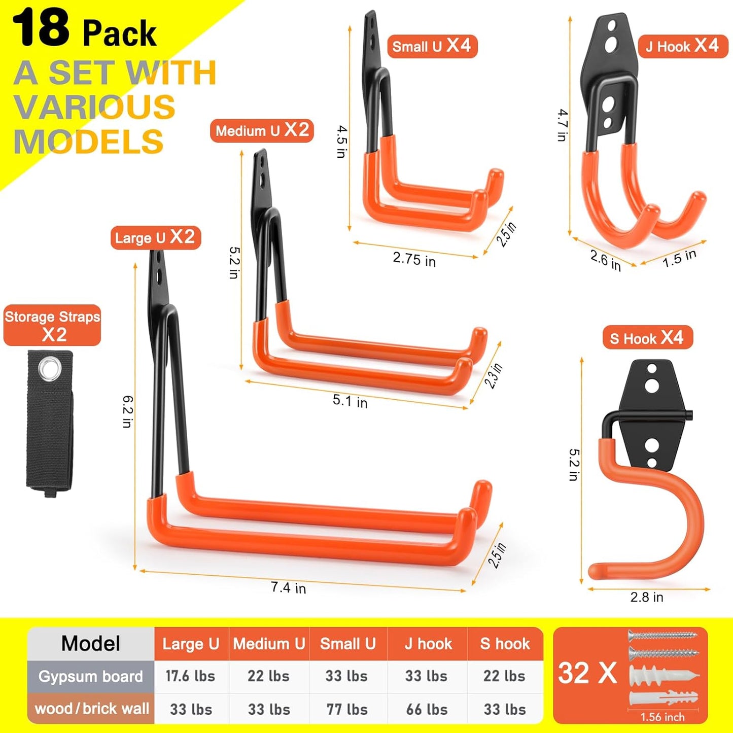 18 Pack Heavy Duty Garage Hooks, Utility Wall Mounted Storage System, with Anti-Slip Coating Hanger, for Hanging Power and Garden Tools, Ladders, Bikes, Ropes and Bulk Items