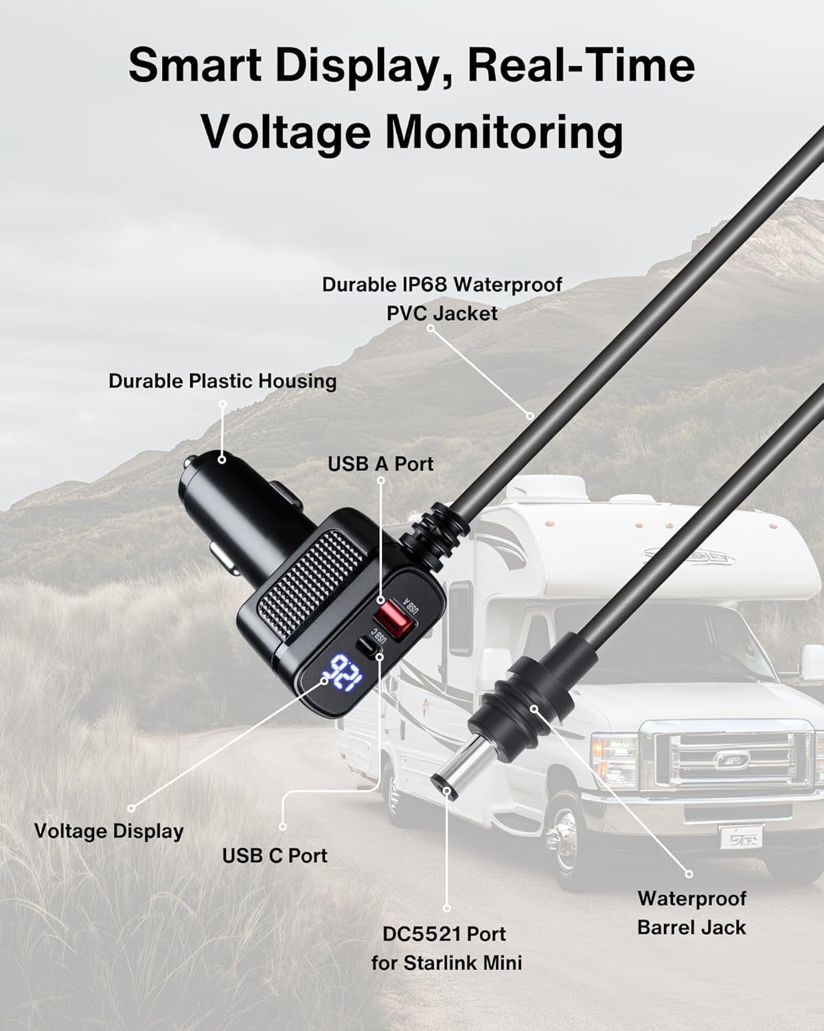 Car Charger Cable for Starlink Mini 16.5FT with Display - 12-24V Cigarette Lighter to DC Power Cable, 60W DC + 33W Dual USB-C/USB-A Adapter for Trucks, RVs & Boats, 18AWG Cord with Voltage Monitoring
