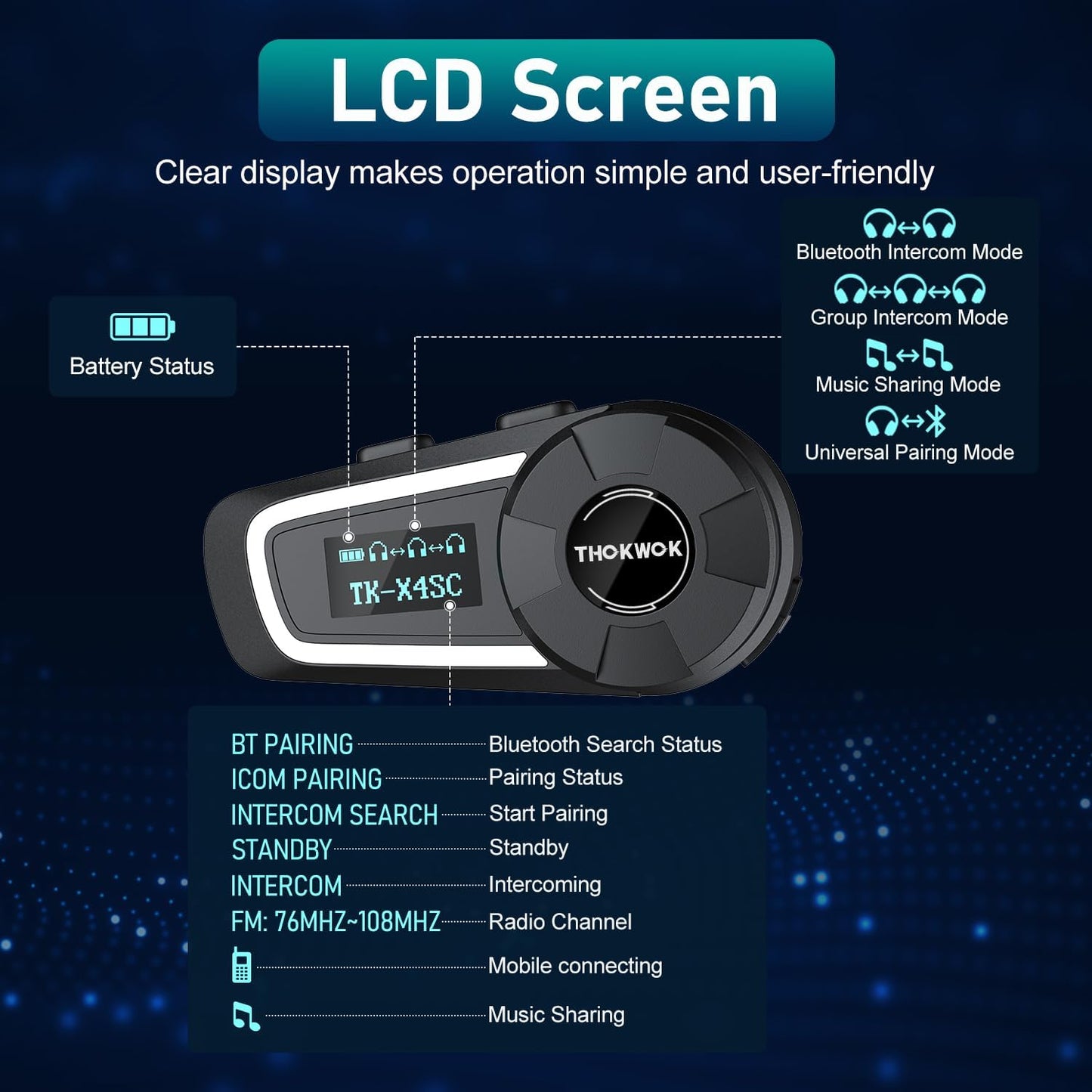 TK-X4SC Motorcycle Bluetooth Headset, 6 Riders 2000m Helmet Intercom with Music Share/Top-Tier Noise Reduction/LCD Screen/HiFi Stereo Sound,Universal Communication System Headphones(2 Pack)