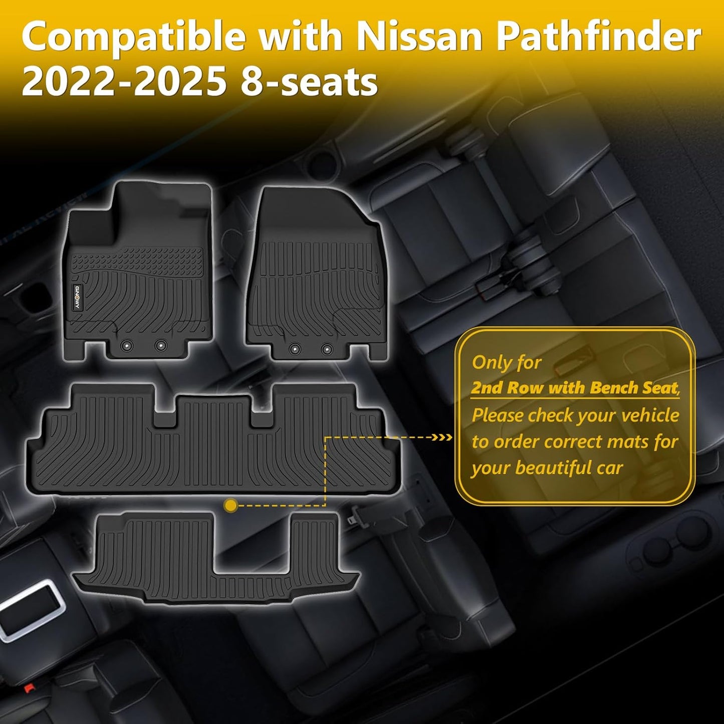 GINOWY-Floor Mats for Nissan Pathfinder 8 Passenger 2022-2024 2025 & Infiniti QX60 7 Passenger, All Weather Car Mats 2025 Pathfinder TPE Floor Liners Car Accessories Black