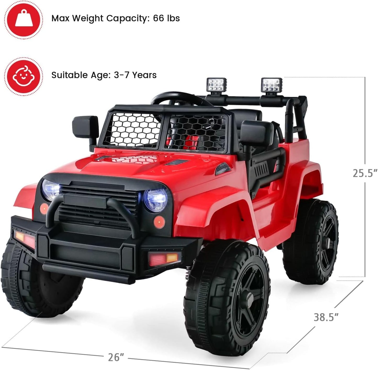 OLAKIDS Kids Ride On Truck, 12V Electric Vehicle Jeep Car with Remote Control, Toddlers Battery Powered Toy with 2 Speeds, Spring Suspension, Double Open Doors, LED Lights, Music, TF,USB, Mp3 (Garnet)